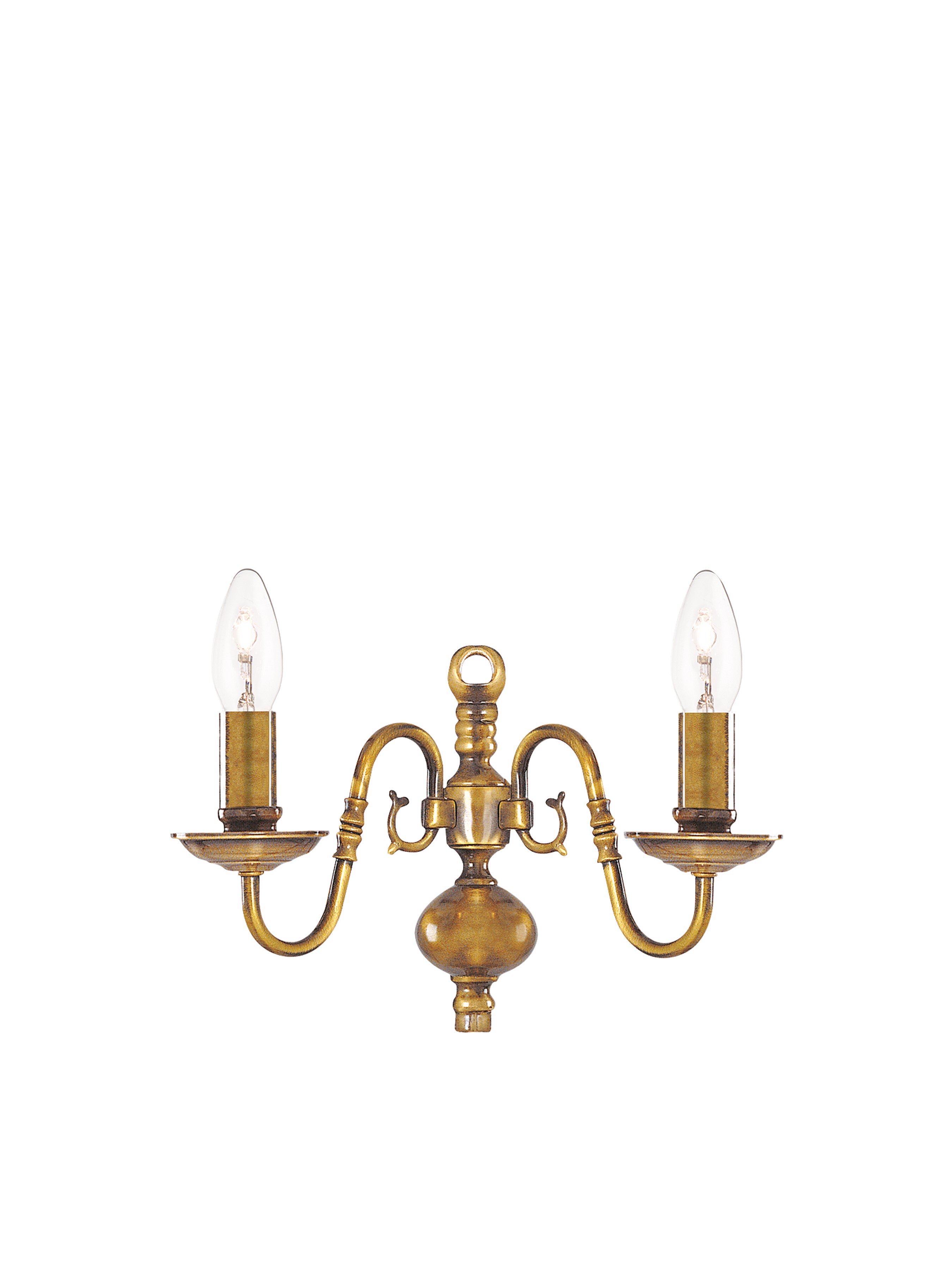 Classic brass two-light wall sconce with candle-style bulbs for ambient lighting.