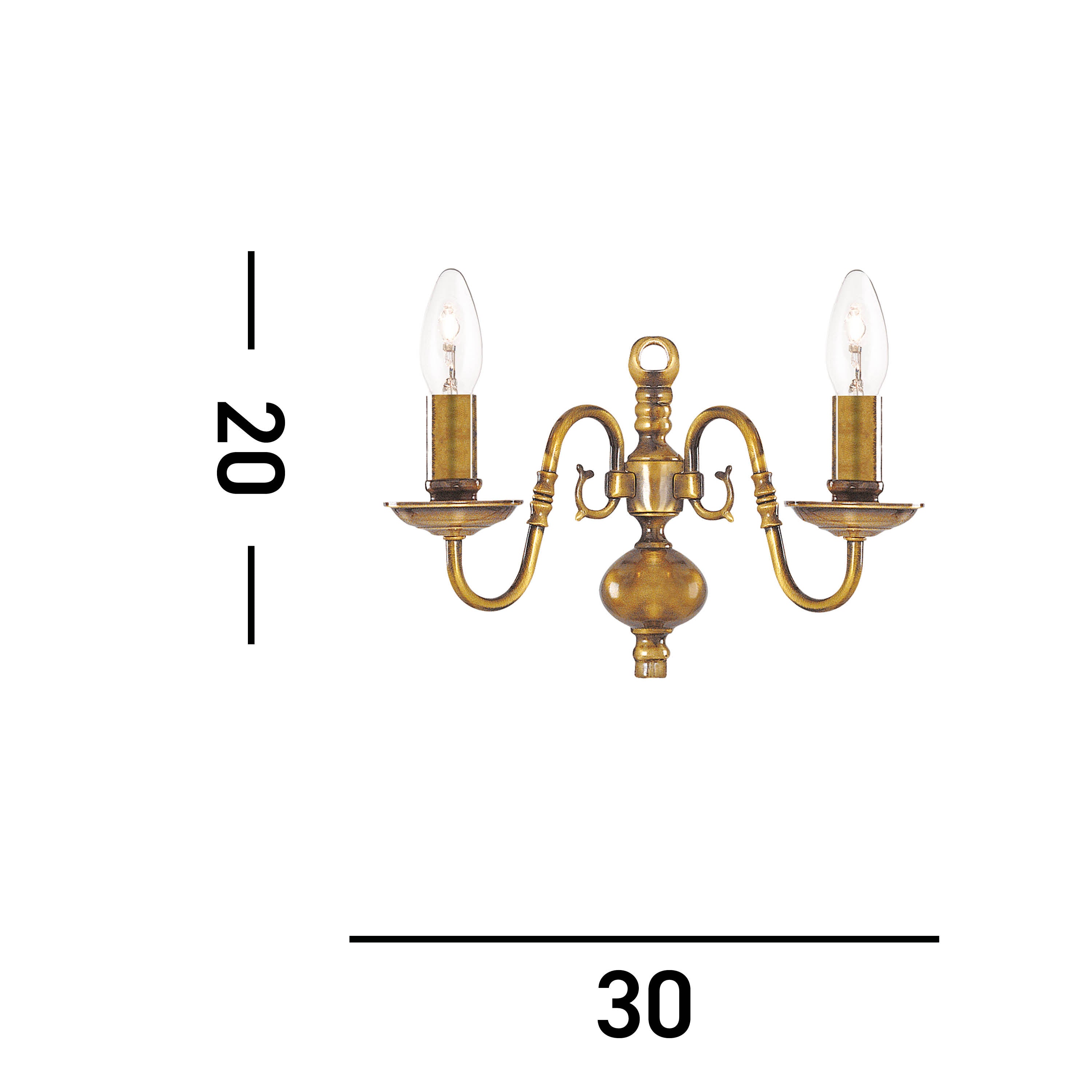 Dimensions for a brass two-light wall sconce, 20 units high by 30 units wide.