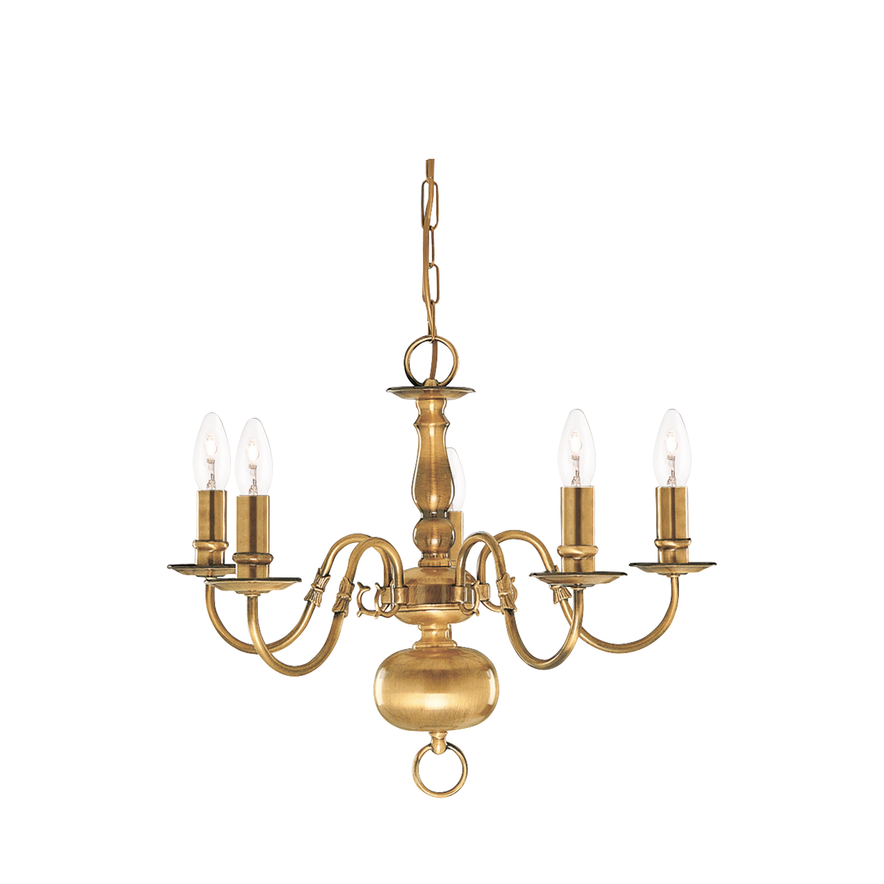 A four-arm brass chandelier with candle-style bulbs.