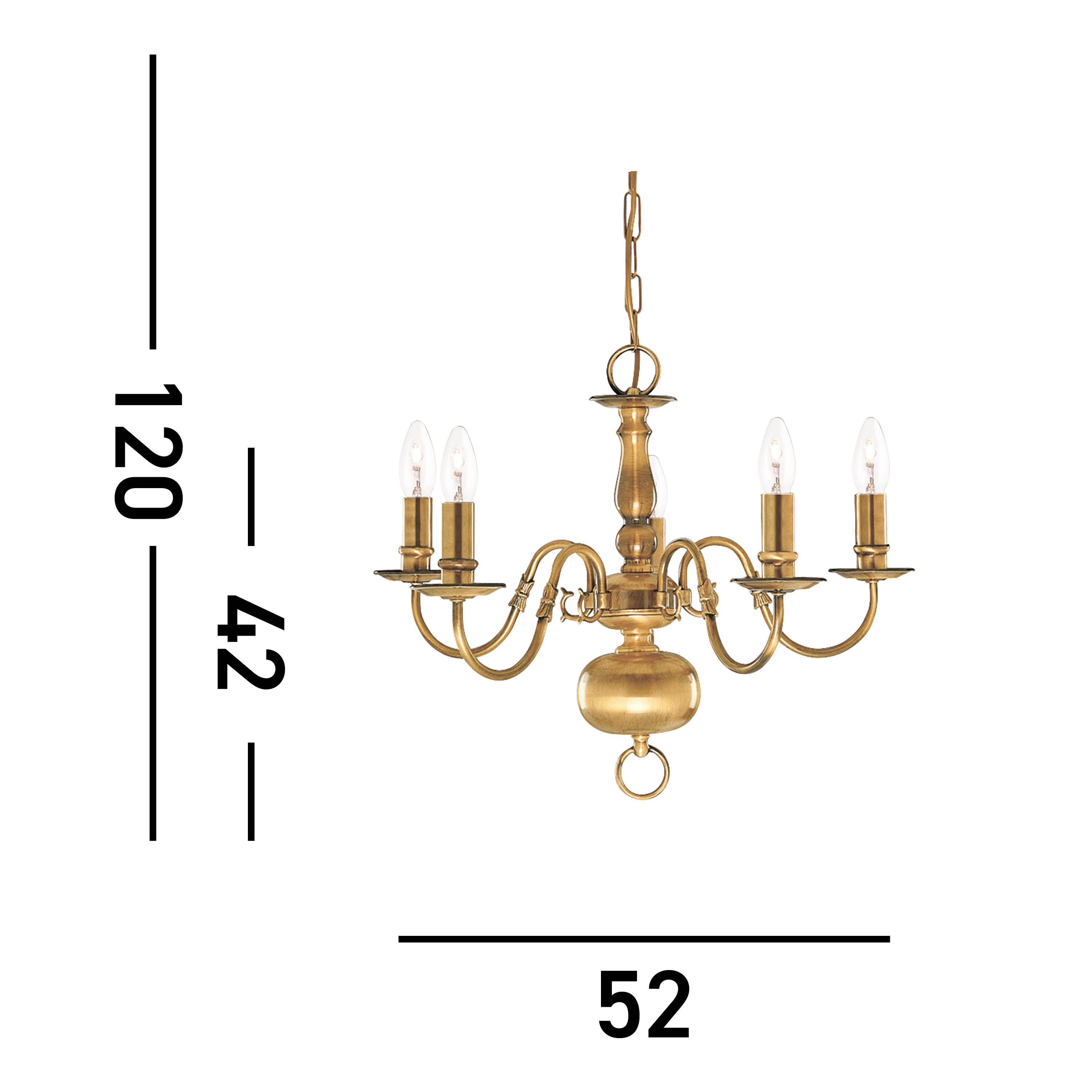 A four-arm brass chandelier with dimensions of 120cm height, 42cm body, 52cm width.