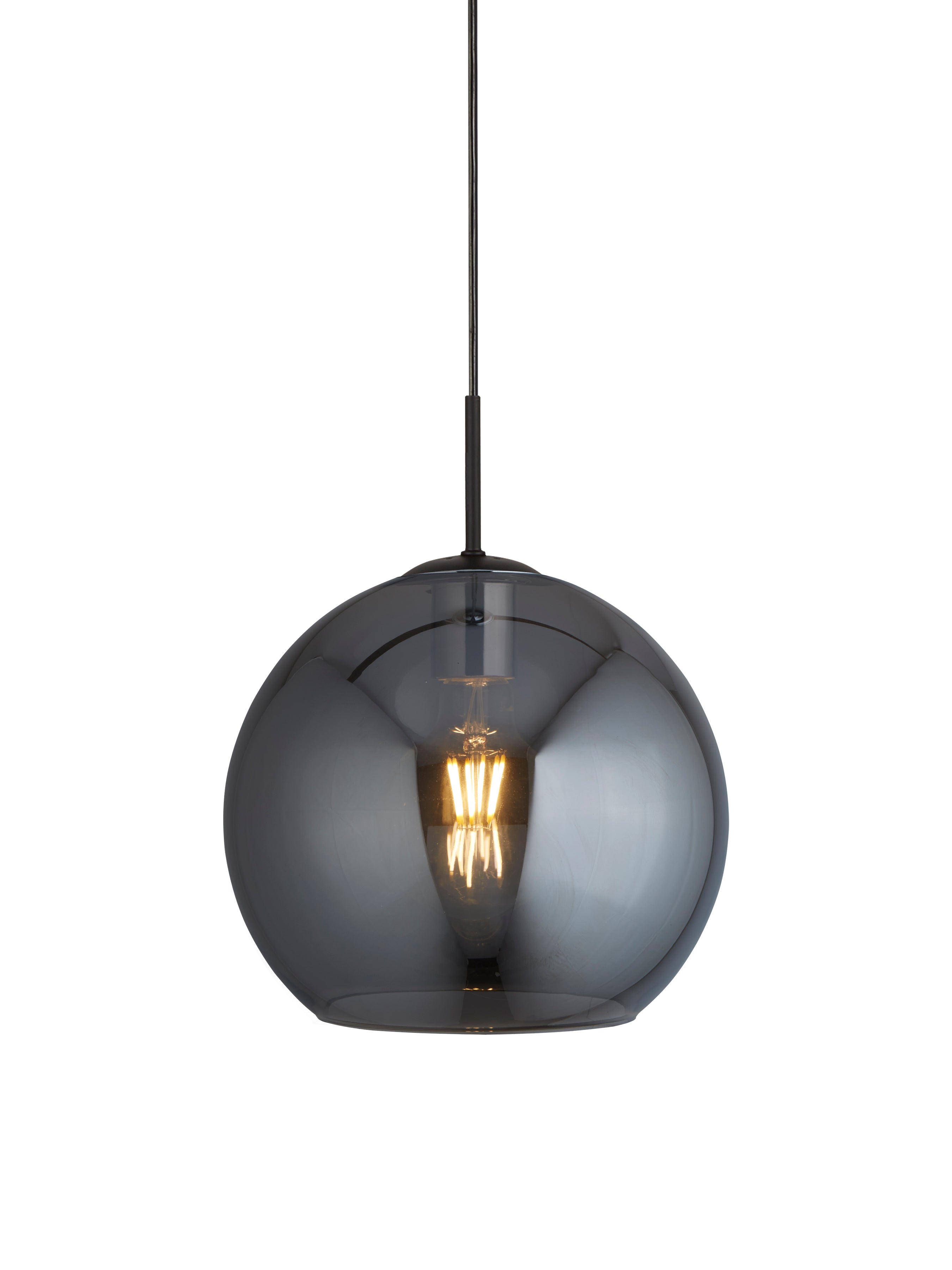 A close-up shot of a dark glass pendant light with an exposed Edison bulb.