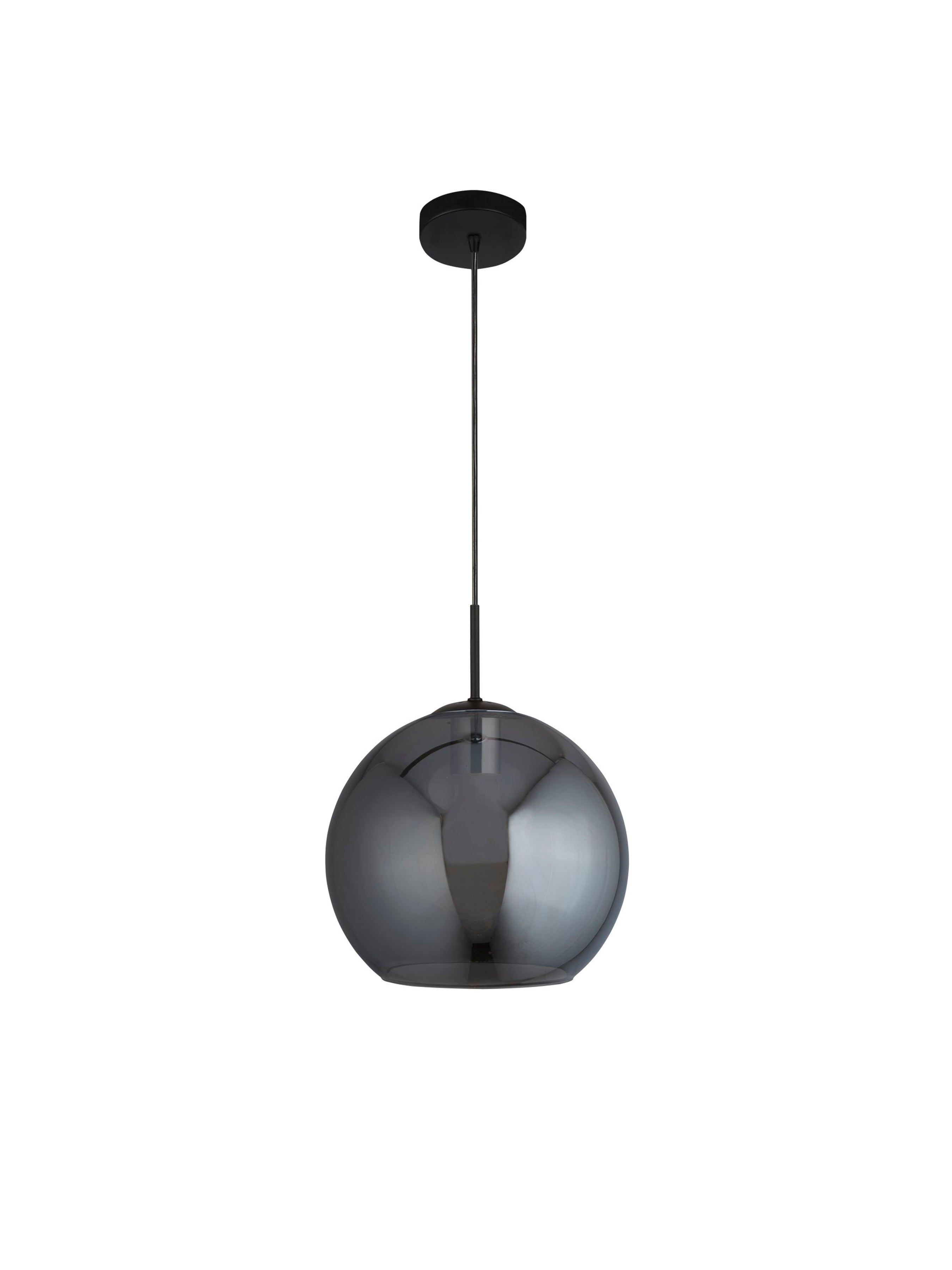 A full view of the dark glass pendant light hanging from a black cord.