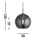 Dimensions of the dark glass pendant light, showing its height and diameter.