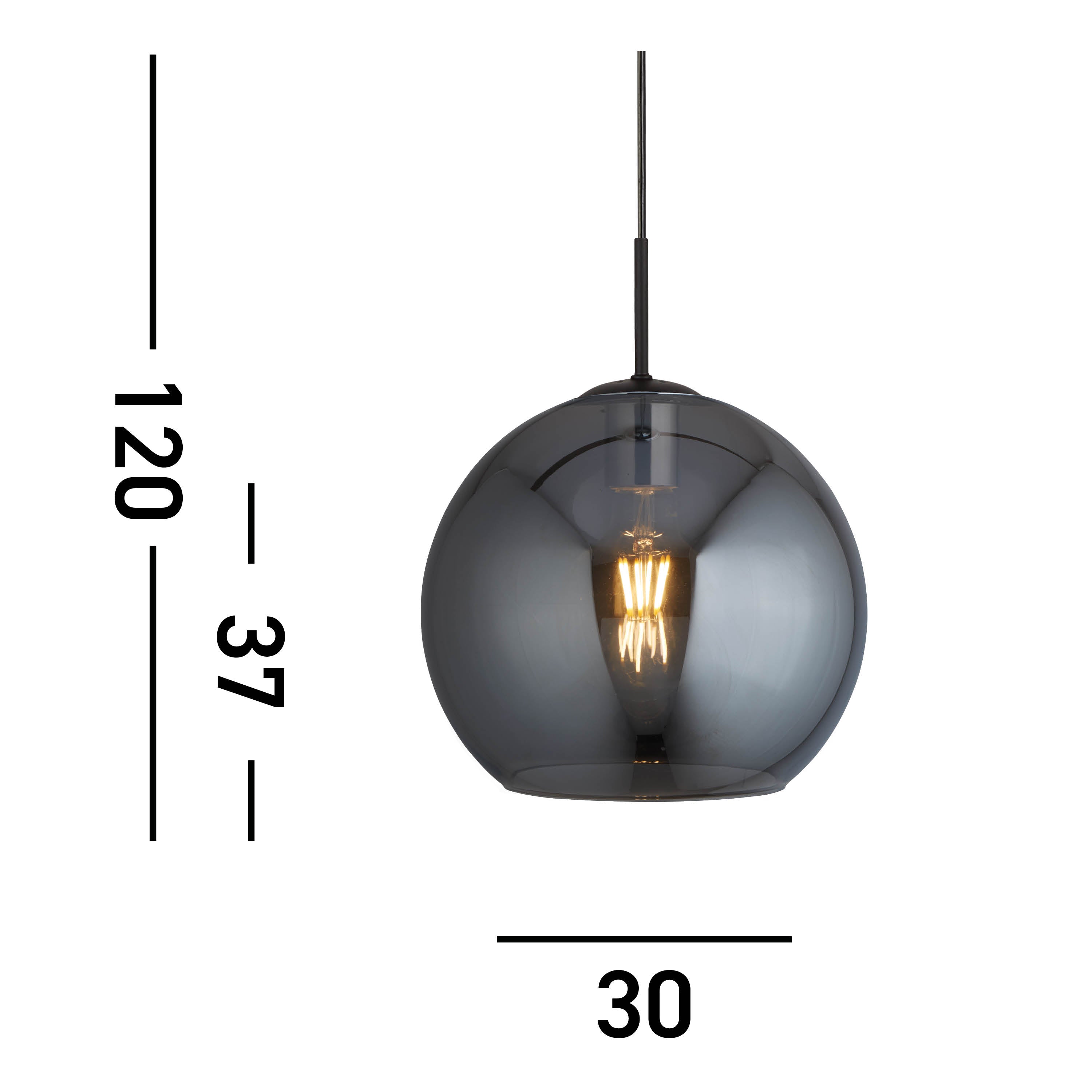 Dimensions of the dark glass pendant light, showing its height and diameter.