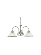 Silver chandelier with two frosted glass dome-shaped shades.