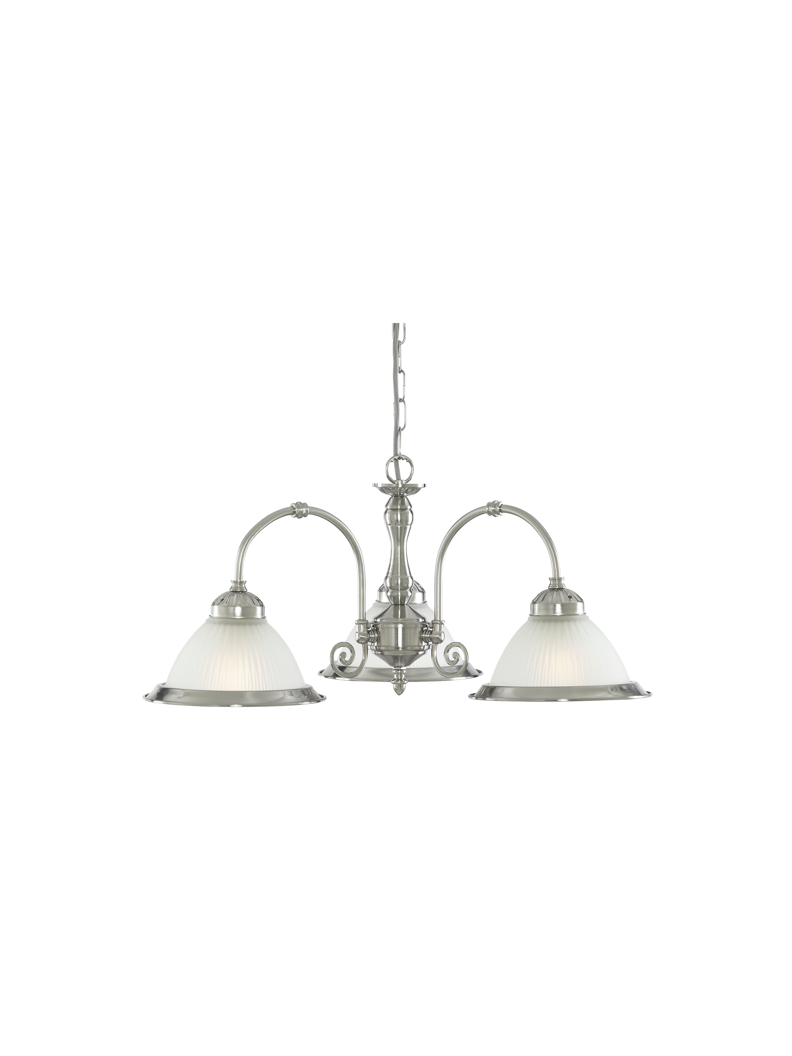 Silver chandelier with two frosted glass dome-shaped shades.