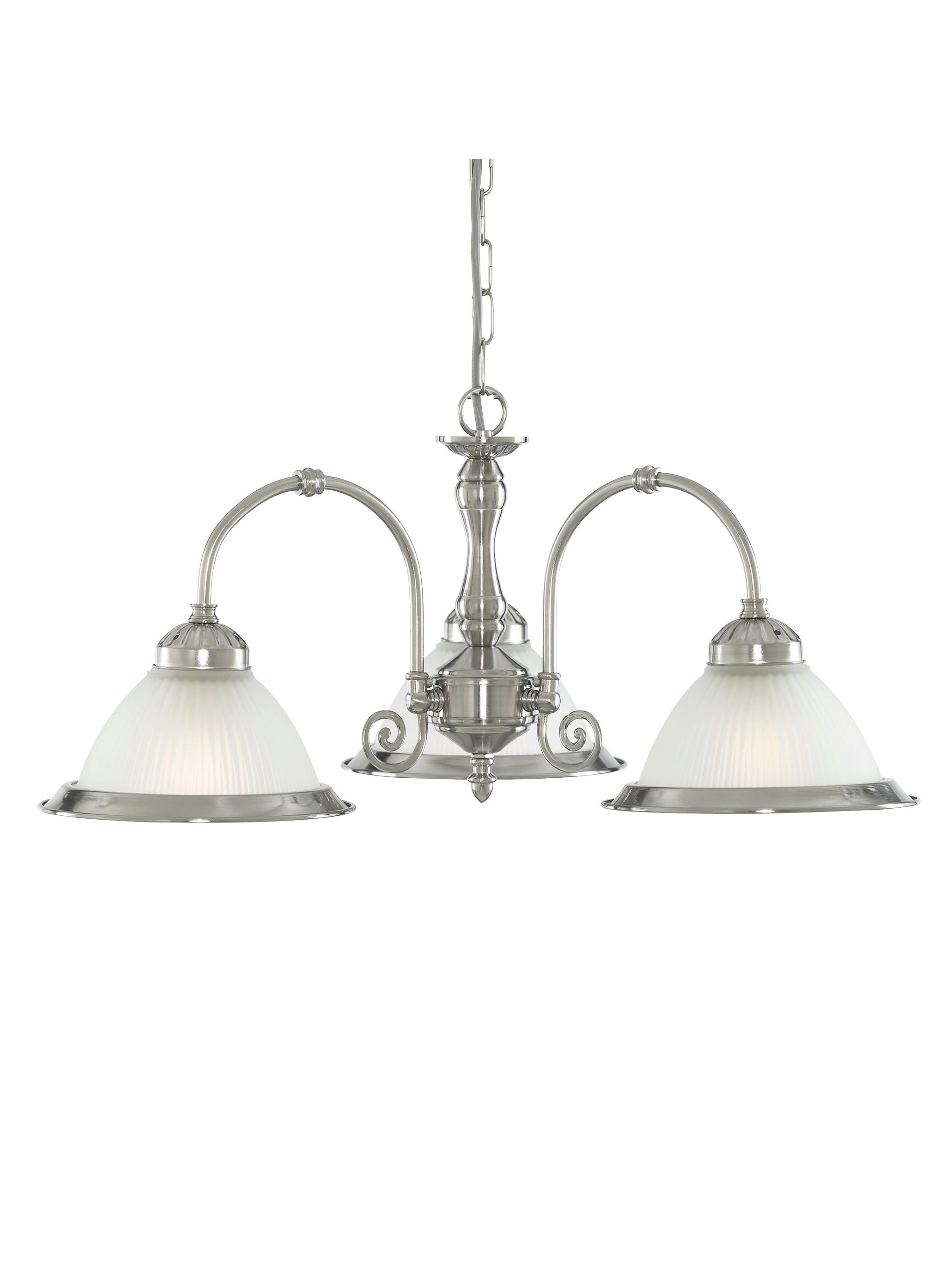 Elegant silver chandelier with two illuminated frosted glass dome shades.