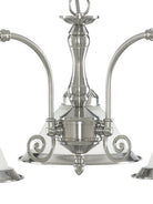 Close-up of a silver chandelier showing decorative details and frosted glass shades.