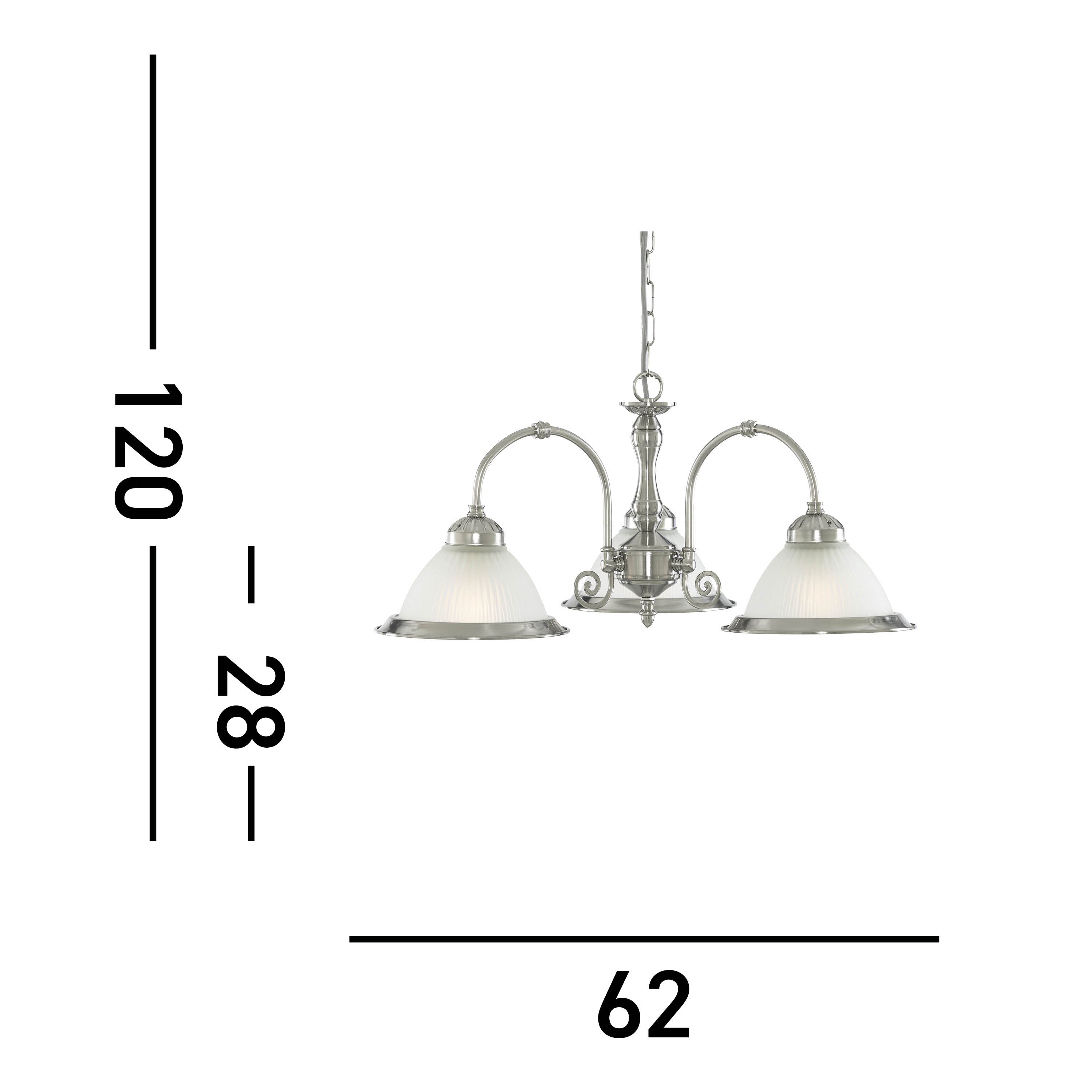 Dimensions of the silver chandelier: 120cm height, 62cm width, 28cm shade drop.