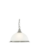 A close-up view of the pendant light, showcasing its dome-shaped white glass shade and brushed nickel finish.