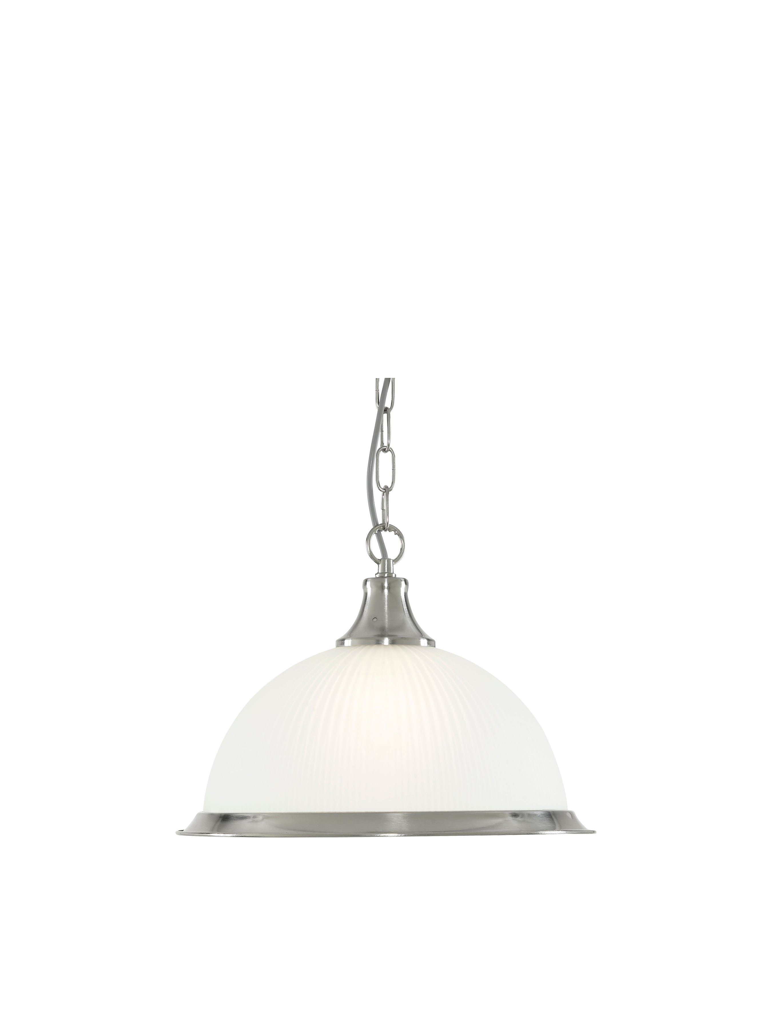 A close-up view of the pendant light, showcasing its dome-shaped white glass shade and brushed nickel finish.