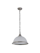 A full view of the elegant pendant light, featuring a brushed nickel chain and a white glass shade.