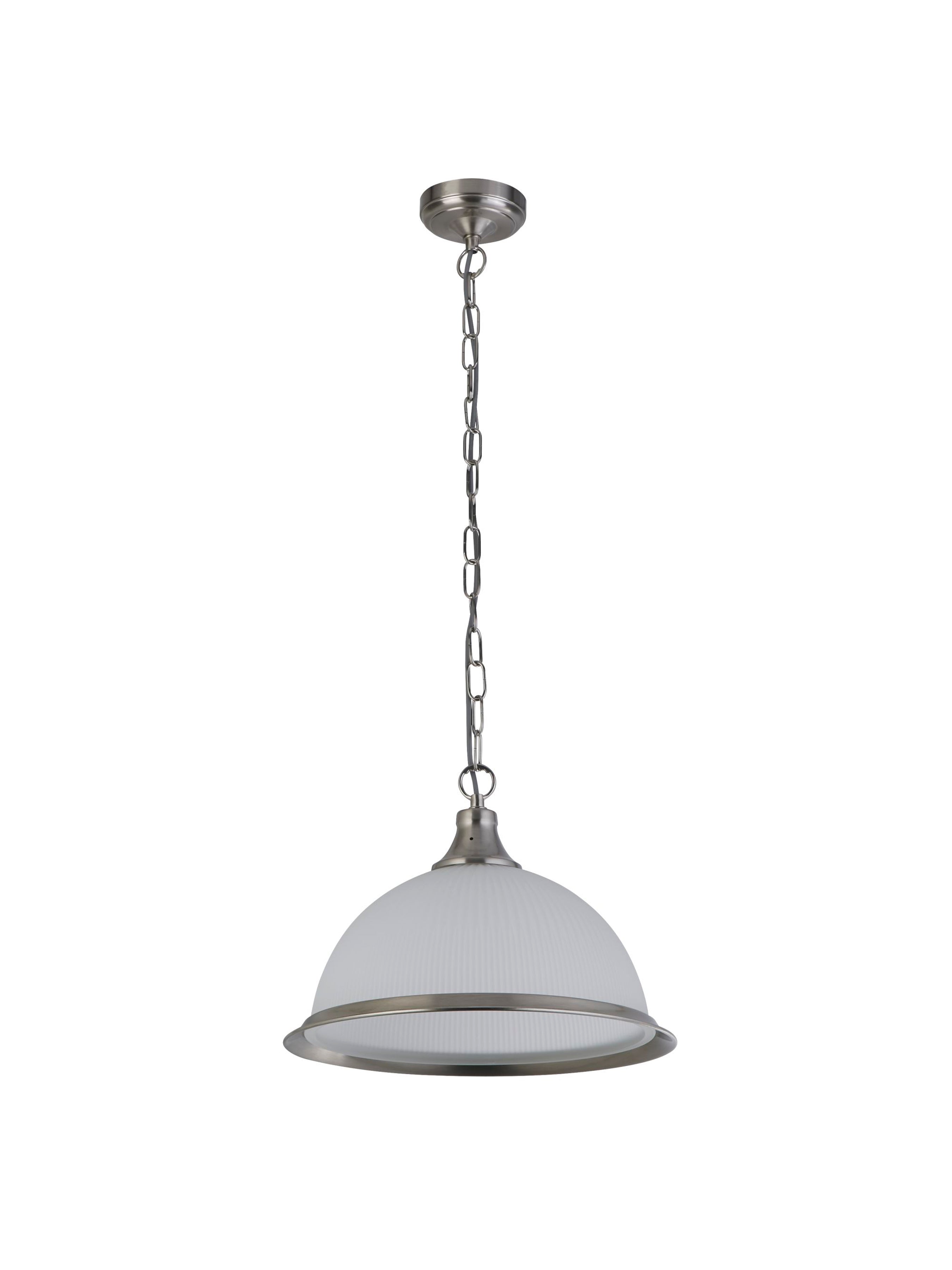 A full view of the elegant pendant light, featuring a brushed nickel chain and a white glass shade.