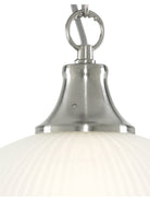 A detailed shot highlighting the brushed nickel hardware and the ribbed texture of the white glass shade.