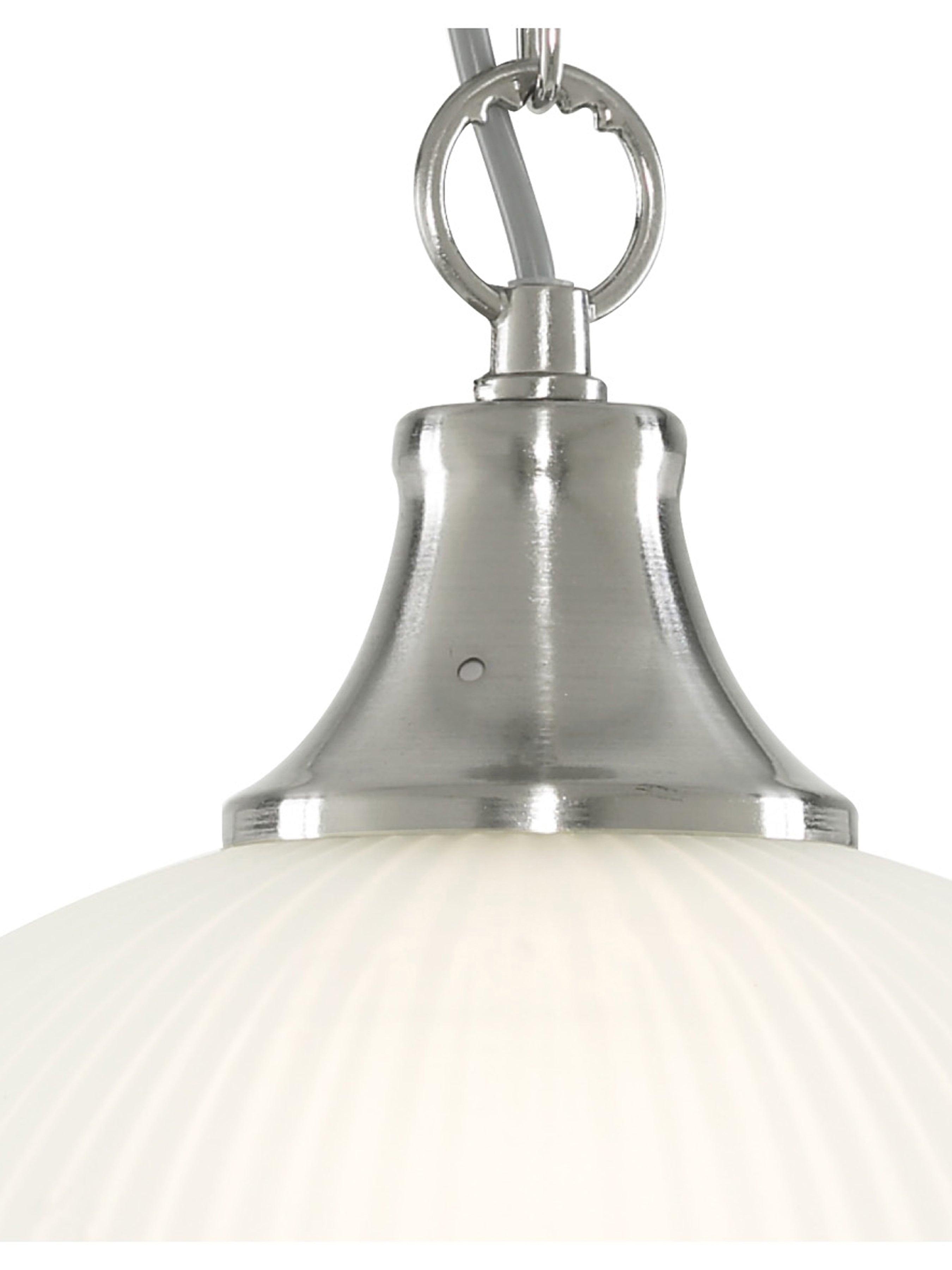A detailed shot highlighting the brushed nickel hardware and the ribbed texture of the white glass shade.