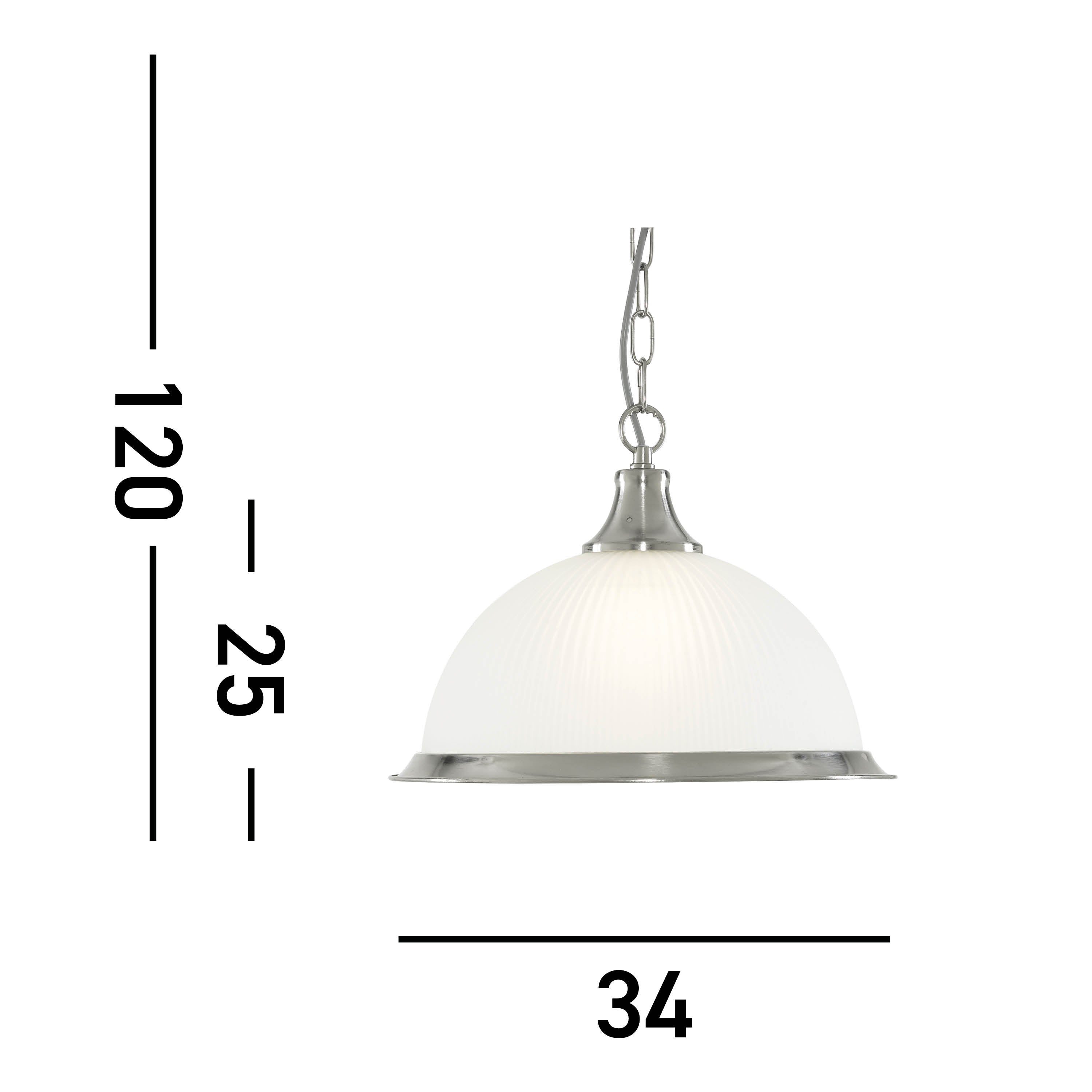 A diagram illustrating the dimensions of the pendant light, with measurements of 120cm, 25cm, and 34cm.