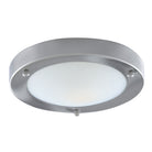 Round, brushed nickel ceiling light with a frosted white diffuser, casting a soft glow.