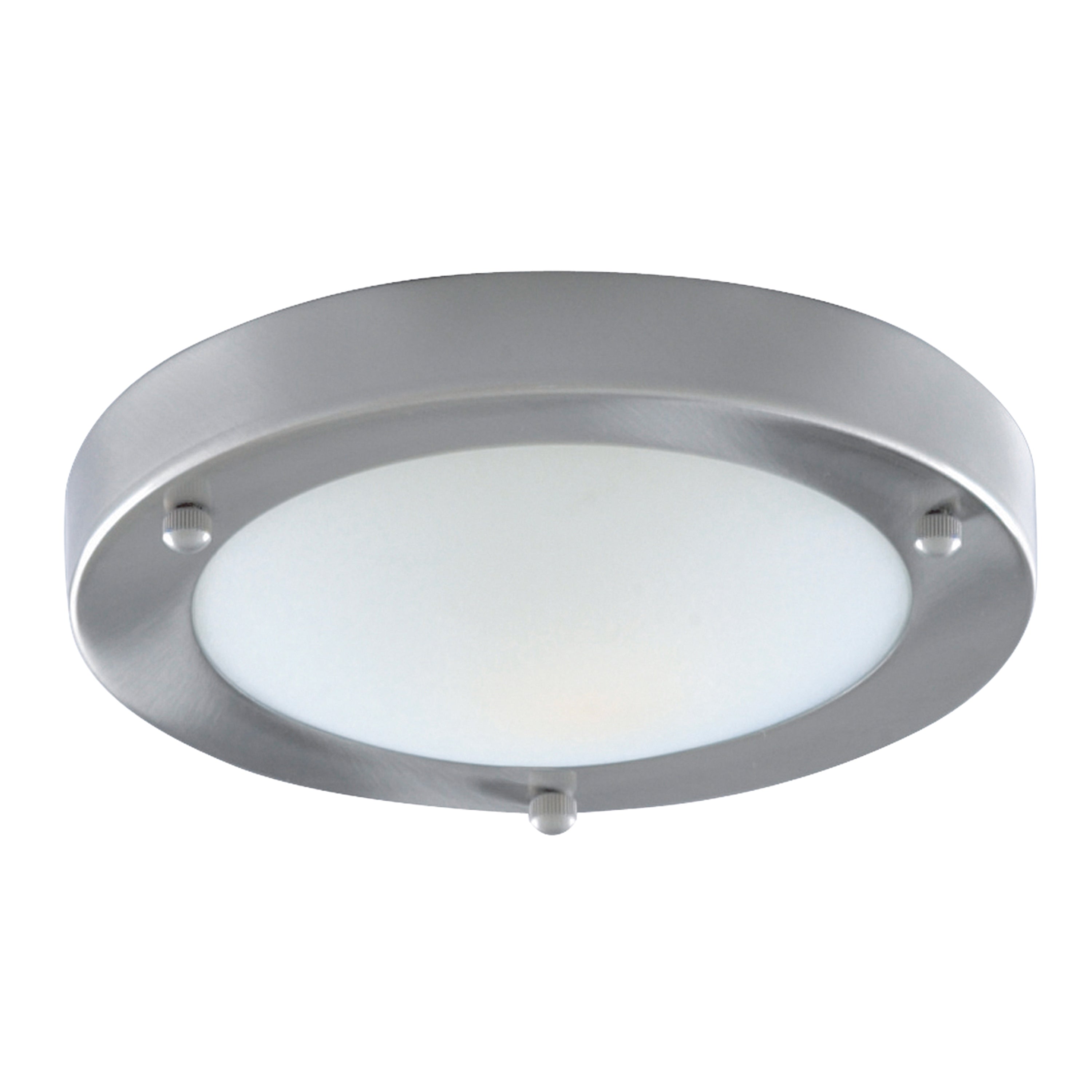 Round, brushed nickel ceiling light with a frosted white diffuser, casting a soft glow.