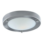 Round, brushed nickel ceiling light with a frosted white diffuser, casting a soft glow.