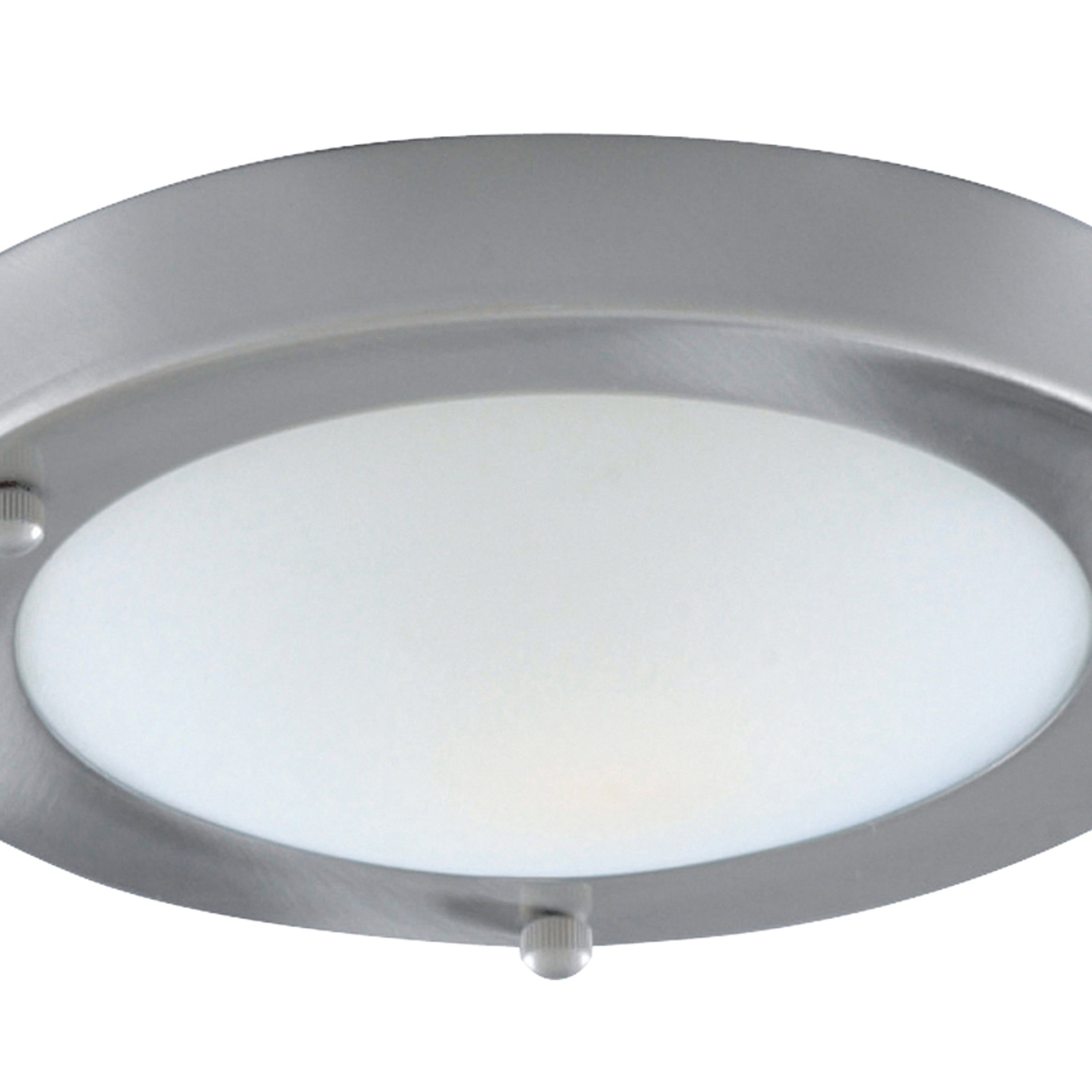Close-up of a round, brushed nickel ceiling light with a frosted white diffuser.