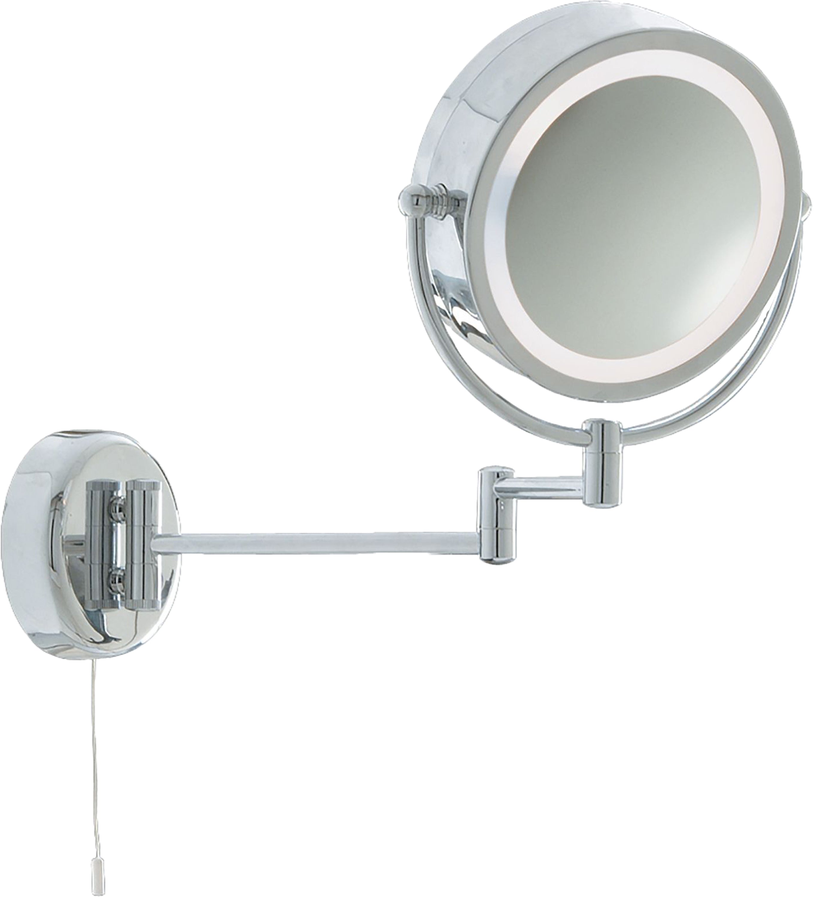 Chrome wall-mounted lighted makeup mirror with an adjustable arm and pull cord.