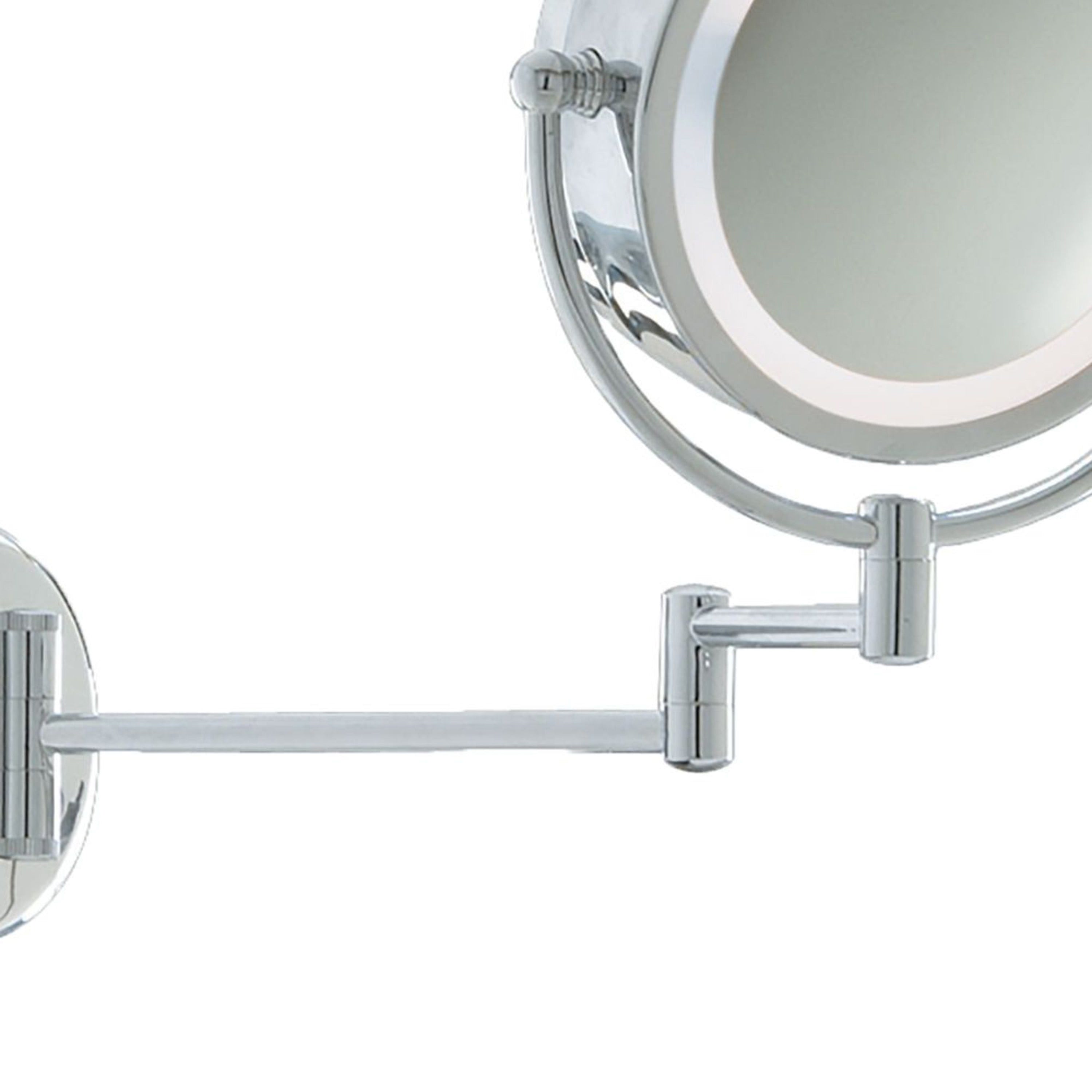 Close-up of a chrome wall-mounted lighted makeup mirror with an adjustable arm.