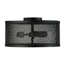 A black metal mesh ceiling light with visible bulbs, viewed from directly below.