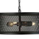A black metal mesh pendant light with visible bulbs and a chain, viewed from an angle.