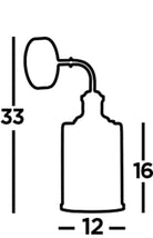 A diagram illustrating the dimensions of a wall light: 33cm high, 12cm wide, shade 16cm high.