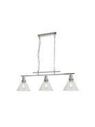 A sleek, modern brushed nickel linear chandelier with three clear glass cone shades.