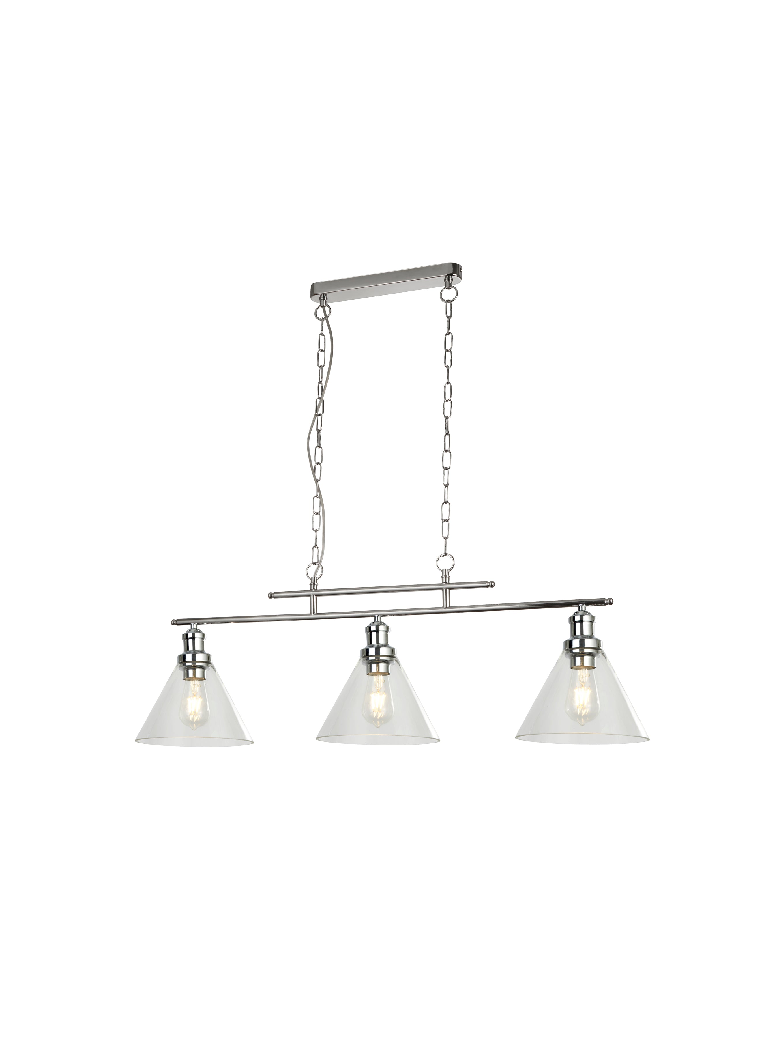 A sleek, modern brushed nickel linear chandelier with three clear glass cone shades.