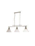 A contemporary brushed nickel 3-light linear pendant with clear glass shades for dining areas.