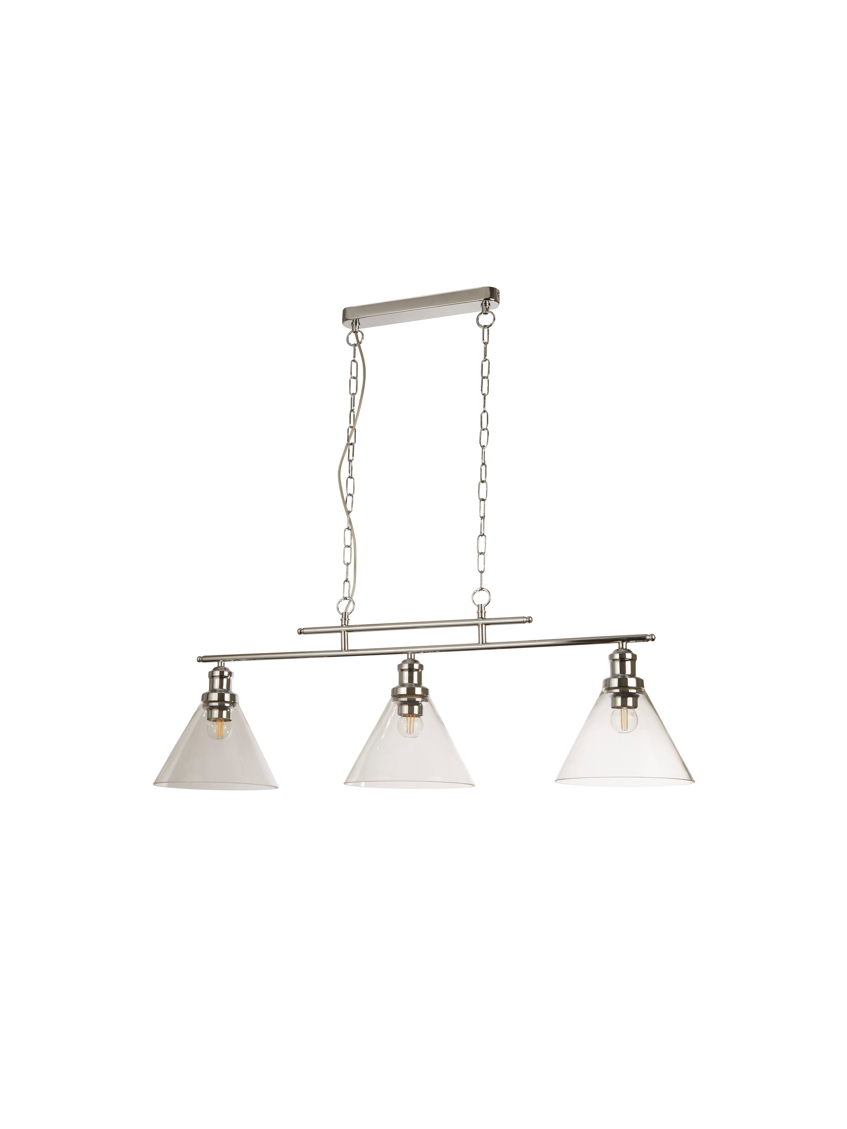 A contemporary brushed nickel 3-light linear pendant with clear glass shades for dining areas.