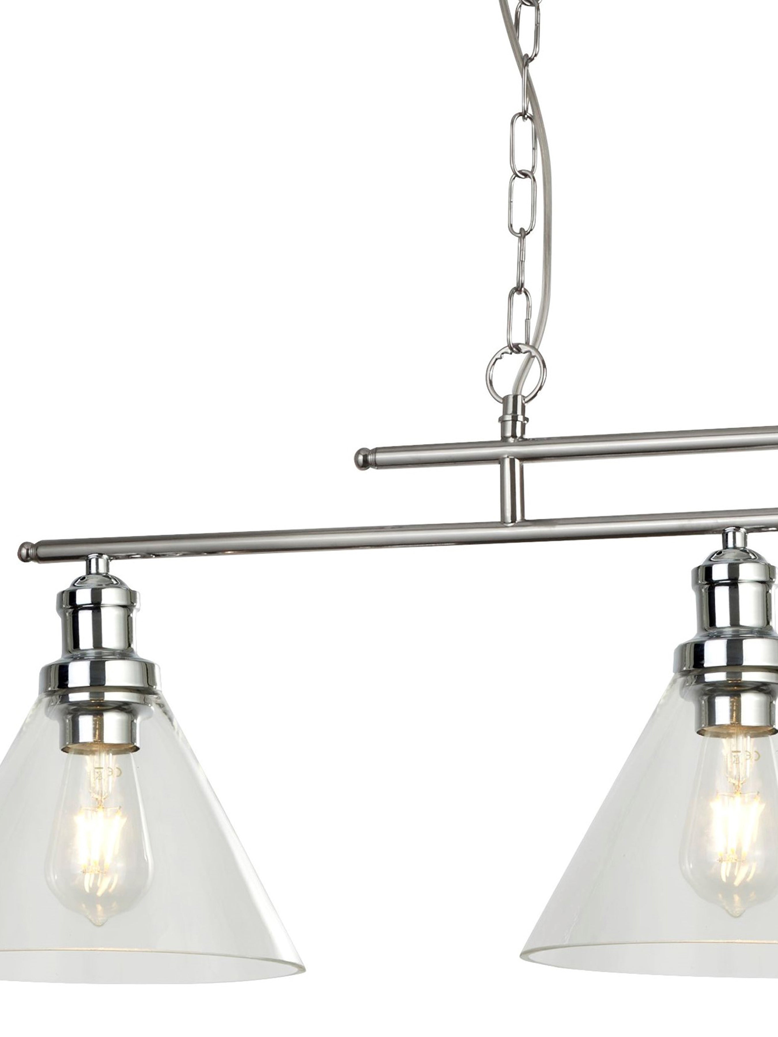 Close-up of a brushed nickel linear light fixture with two clear glass cone shades and bulbs.
