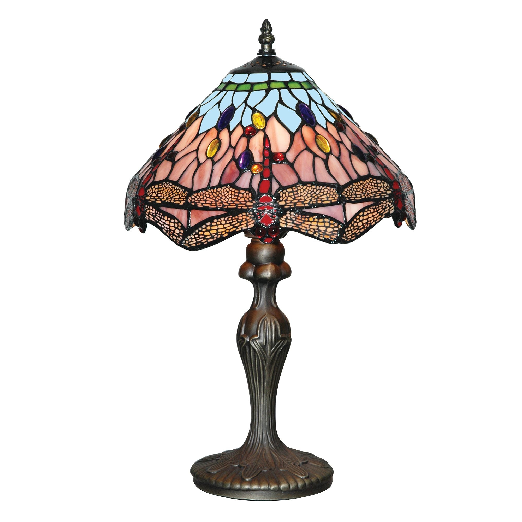 Dragonfly Tiffany table lamp with a dark bronze finish and a colorful stained glass shade.