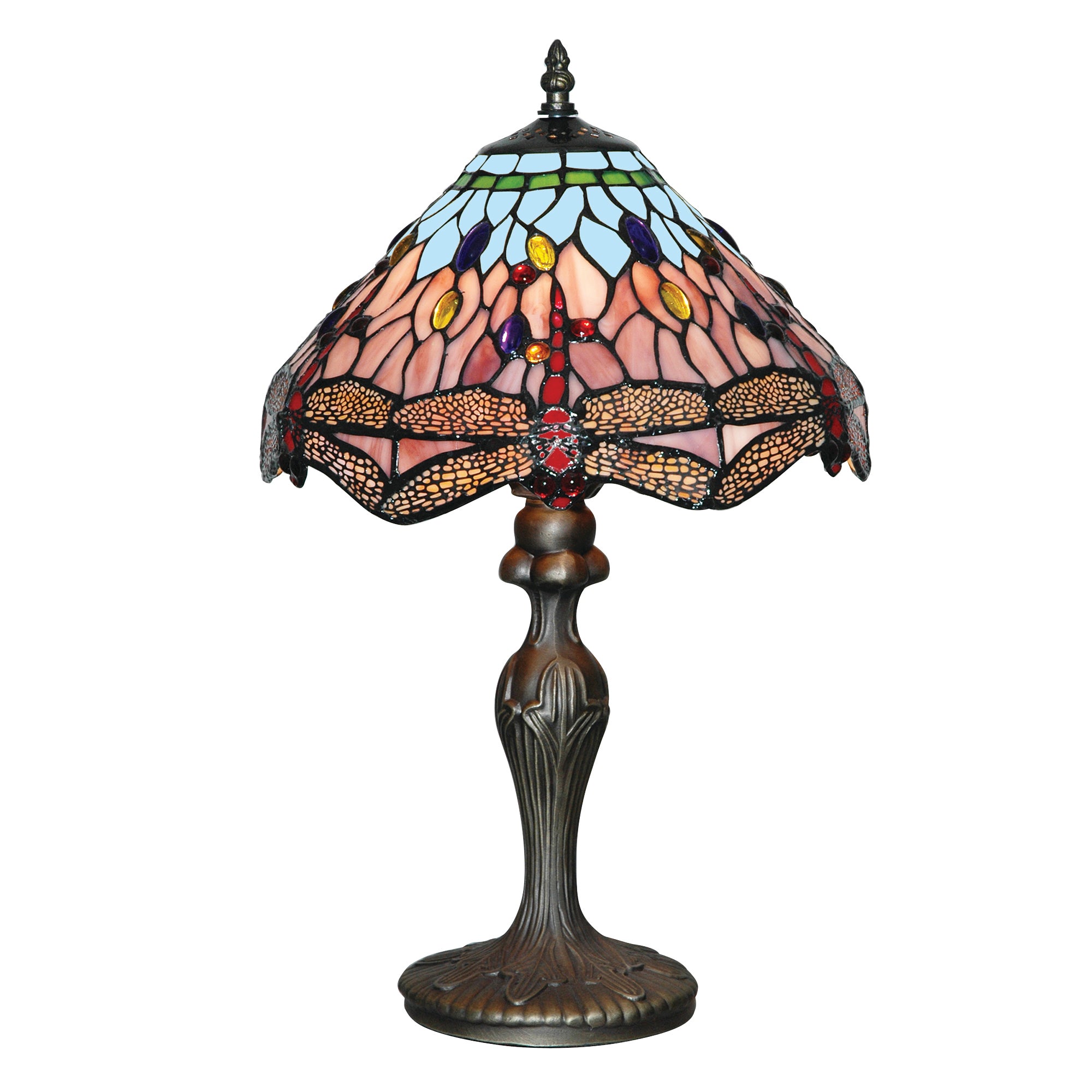 Dragonfly Tiffany table lamp with a dark bronze finish and a colorful stained glass shade.