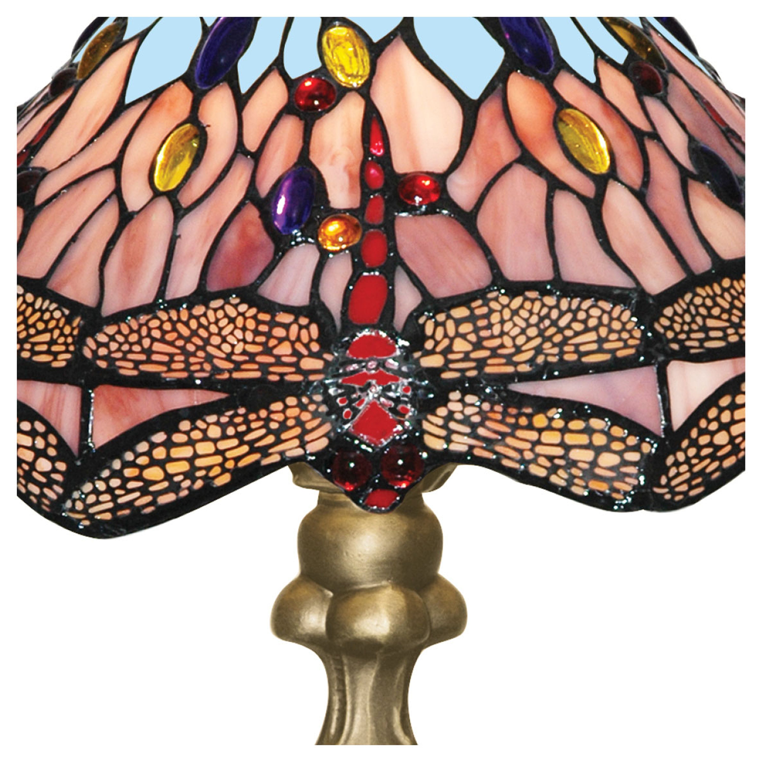 Close-up of the stained glass shade of the Tiffany lamp, showing intricate dragonfly detail.