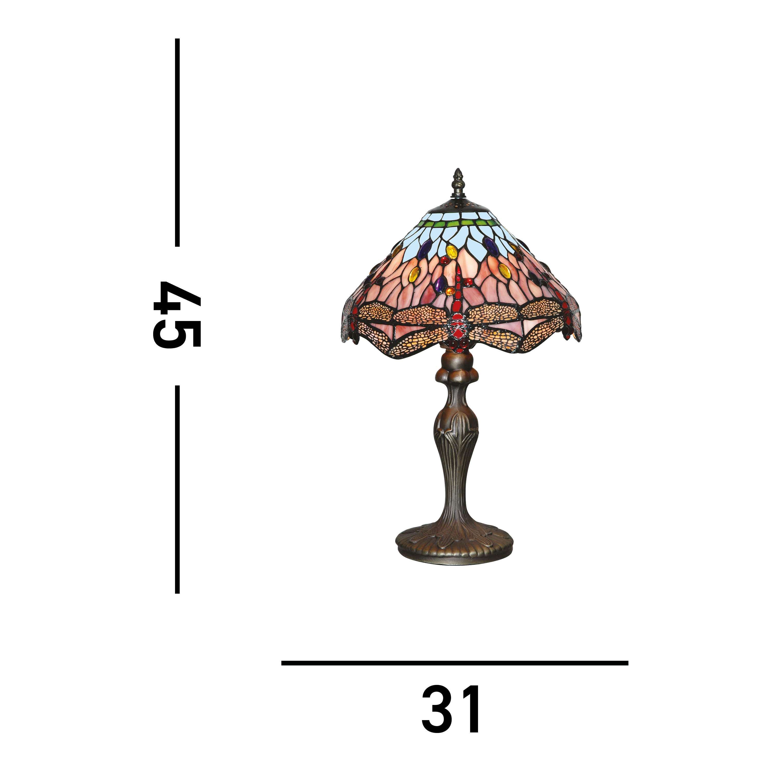 Dragonfly Tiffany table lamp with dimensions: 45 cm high, 31 cm wide.