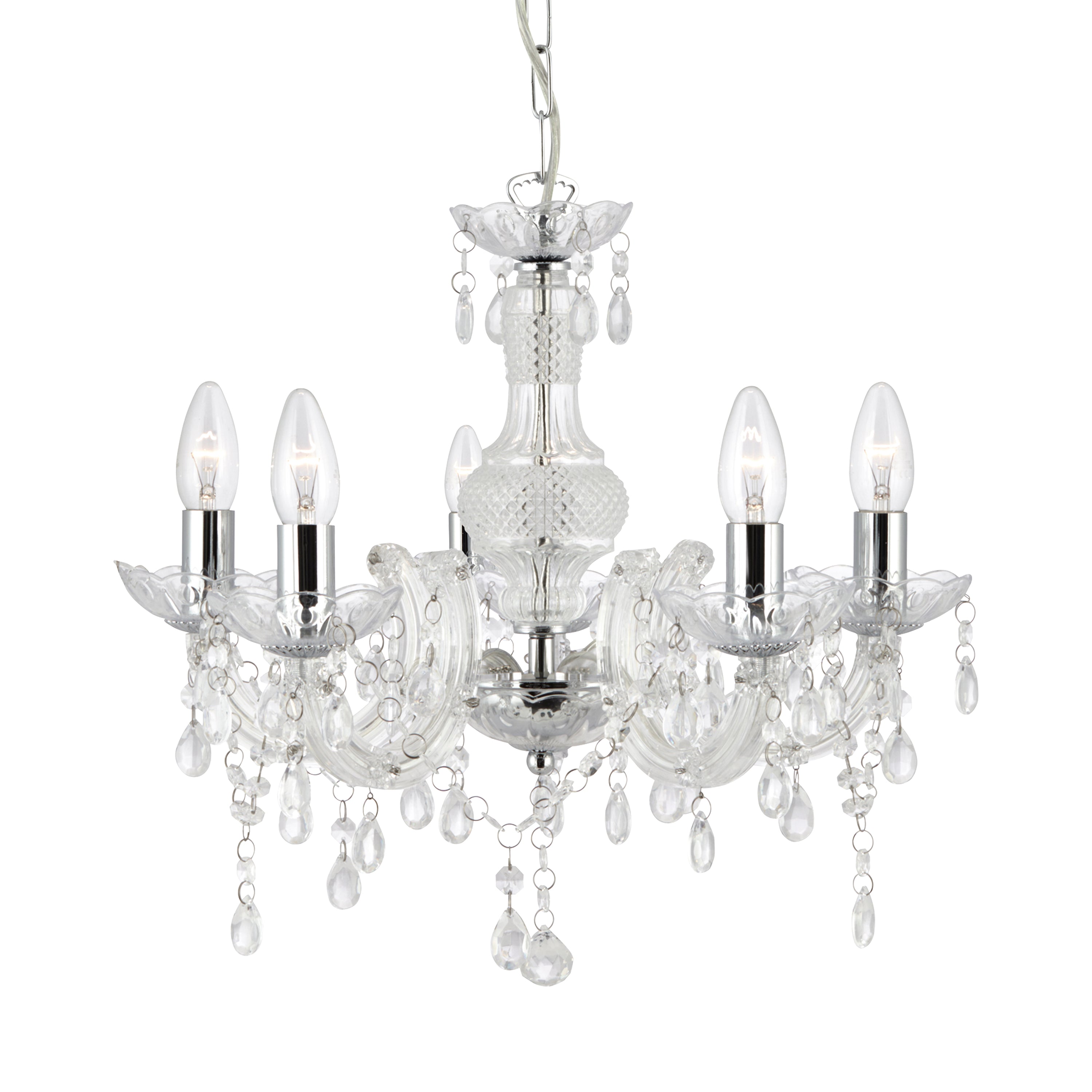 A clear glass chandelier with five unlit candle-style bulbs and dangling crystal accents.