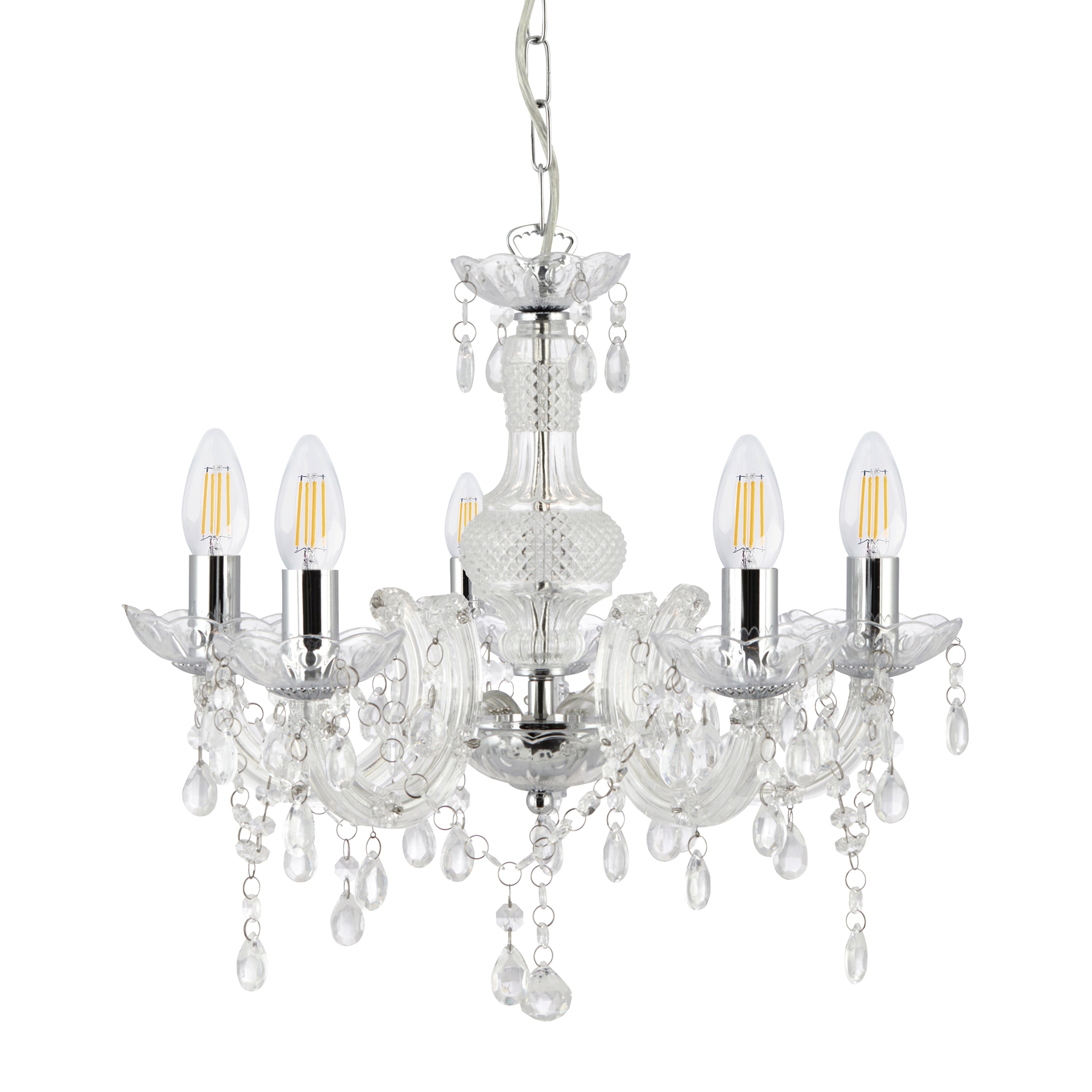 A clear glass chandelier with five lit candle-style bulbs and dangling crystal accents.