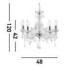 A clear glass chandelier with dimensions indicated: 120cm total height, 42cm body, 48cm width.