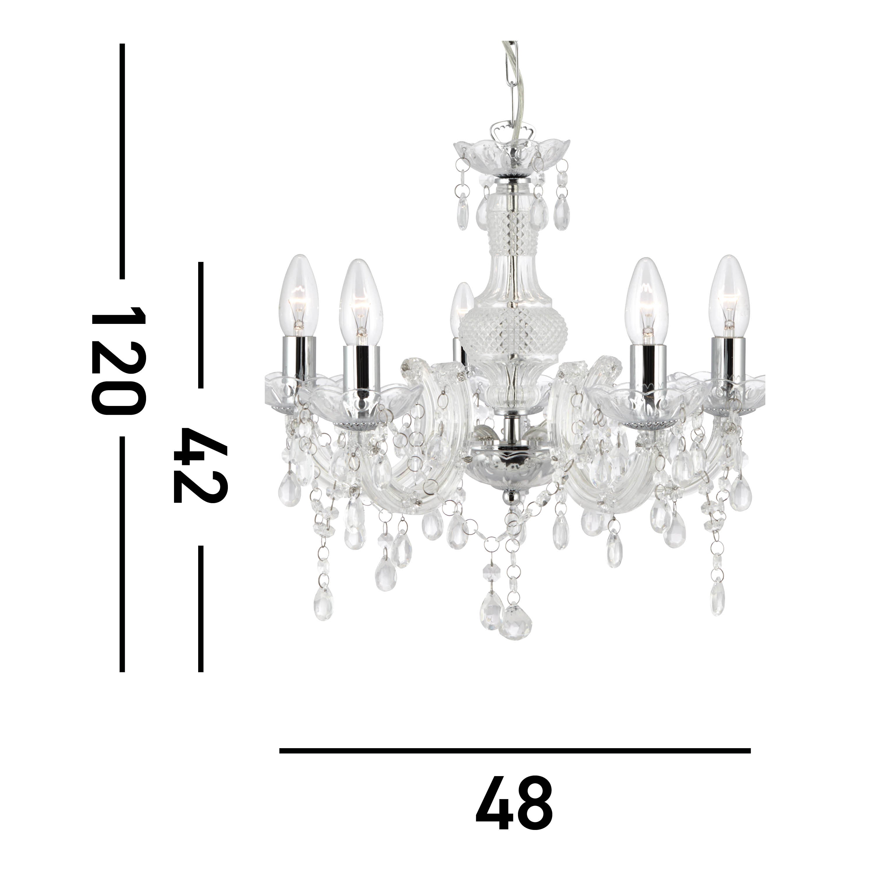 A clear glass chandelier with dimensions indicated: 120cm total height, 42cm body, 48cm width.