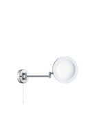 Chrome wall-mounted, circular, illuminated magnifying mirror with a pull-cord switch.