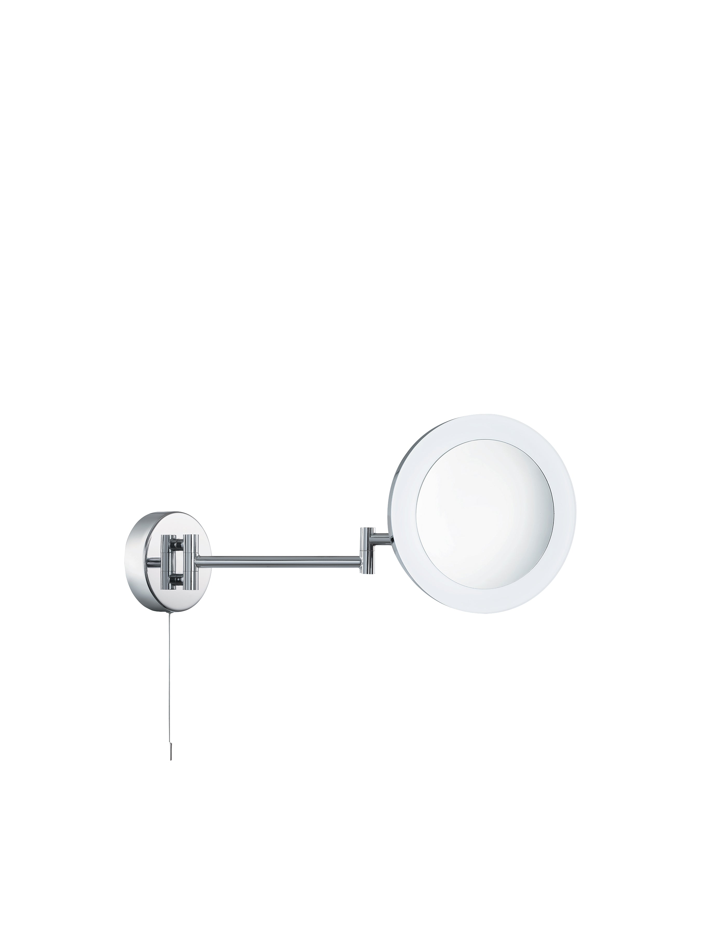 Chrome wall-mounted, circular, illuminated magnifying mirror with a pull-cord switch.