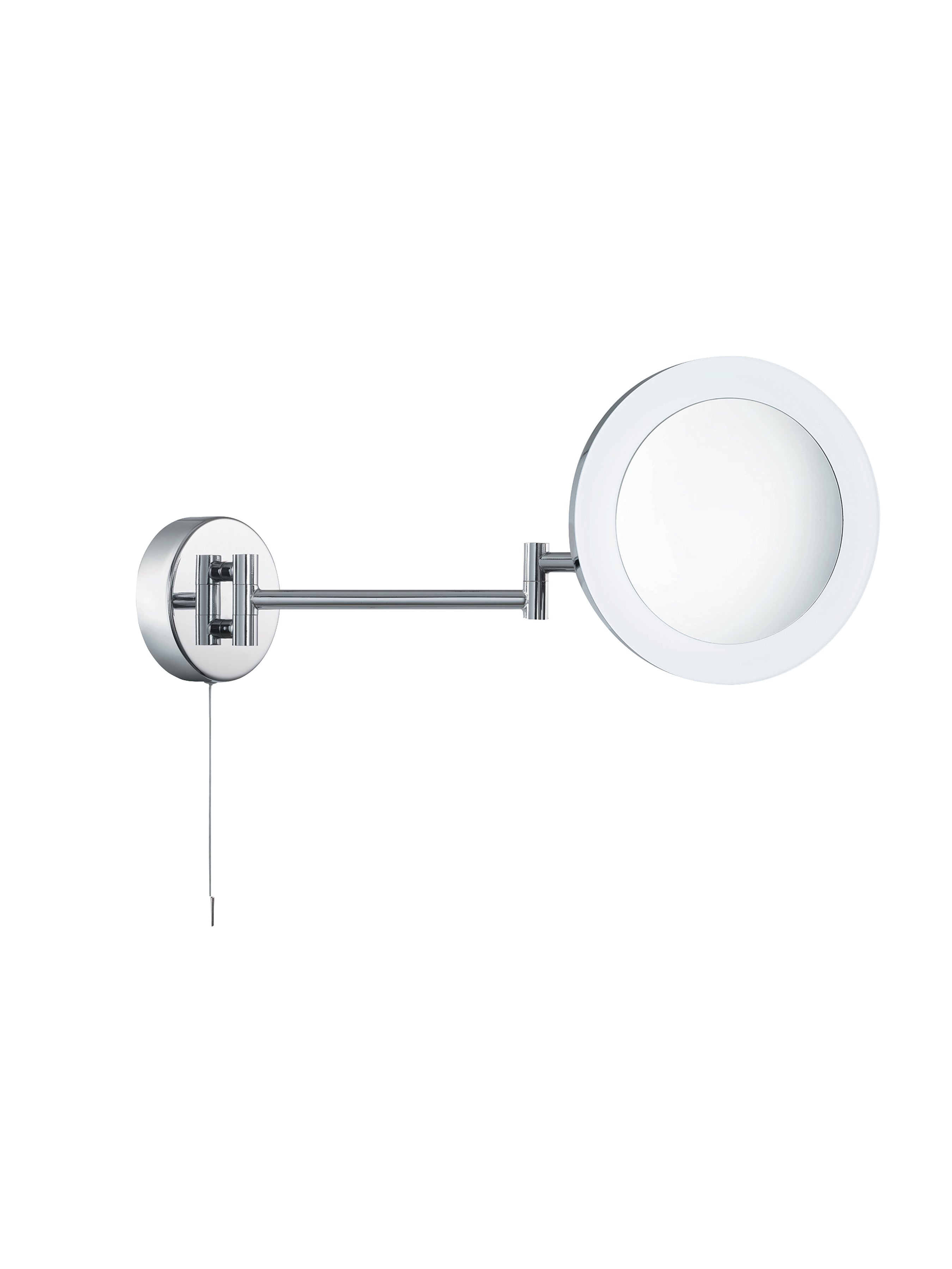 Circular, illuminated wall-mounted magnifying mirror in a chrome finish.