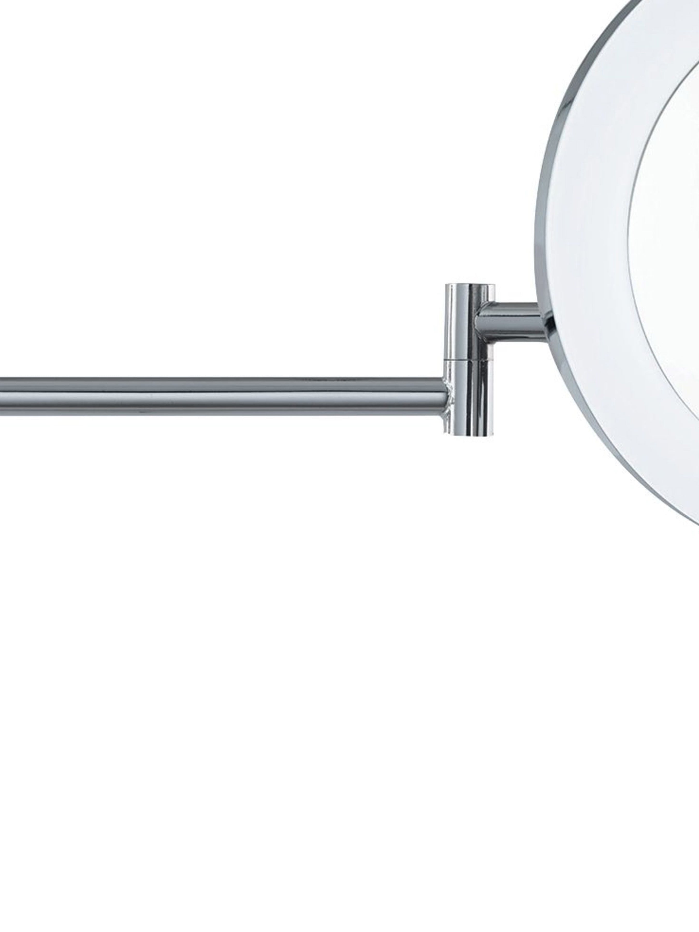 Close-up of the chrome arm and joint of a wall-mounted magnifying mirror.