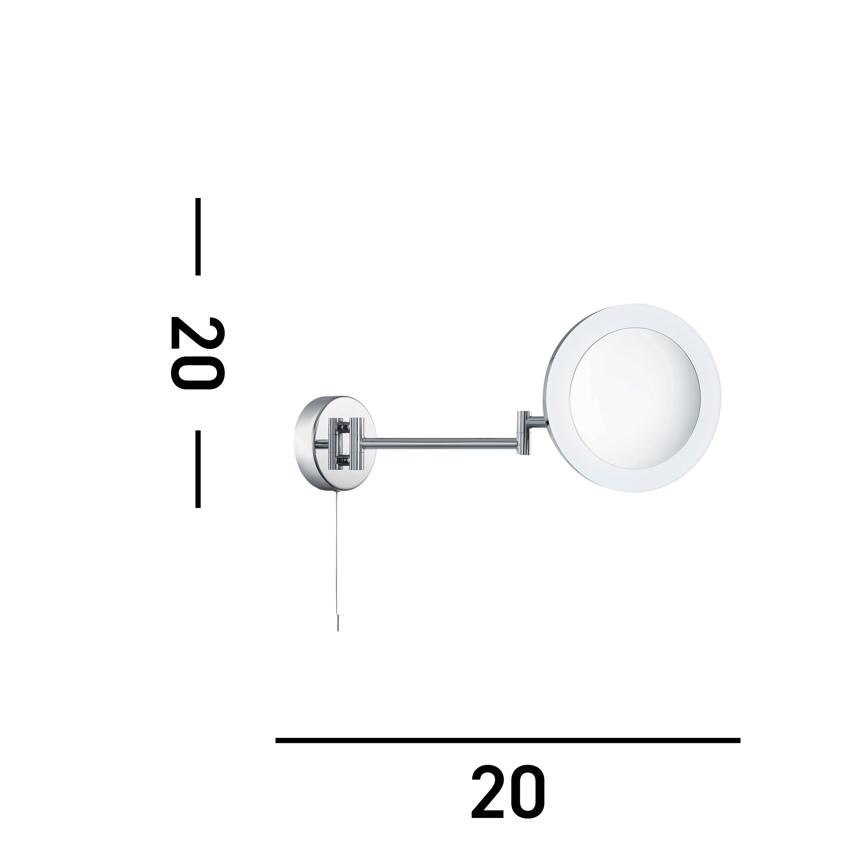 Dimensions of the chrome wall-mounted, circular, illuminated magnifying mirror.