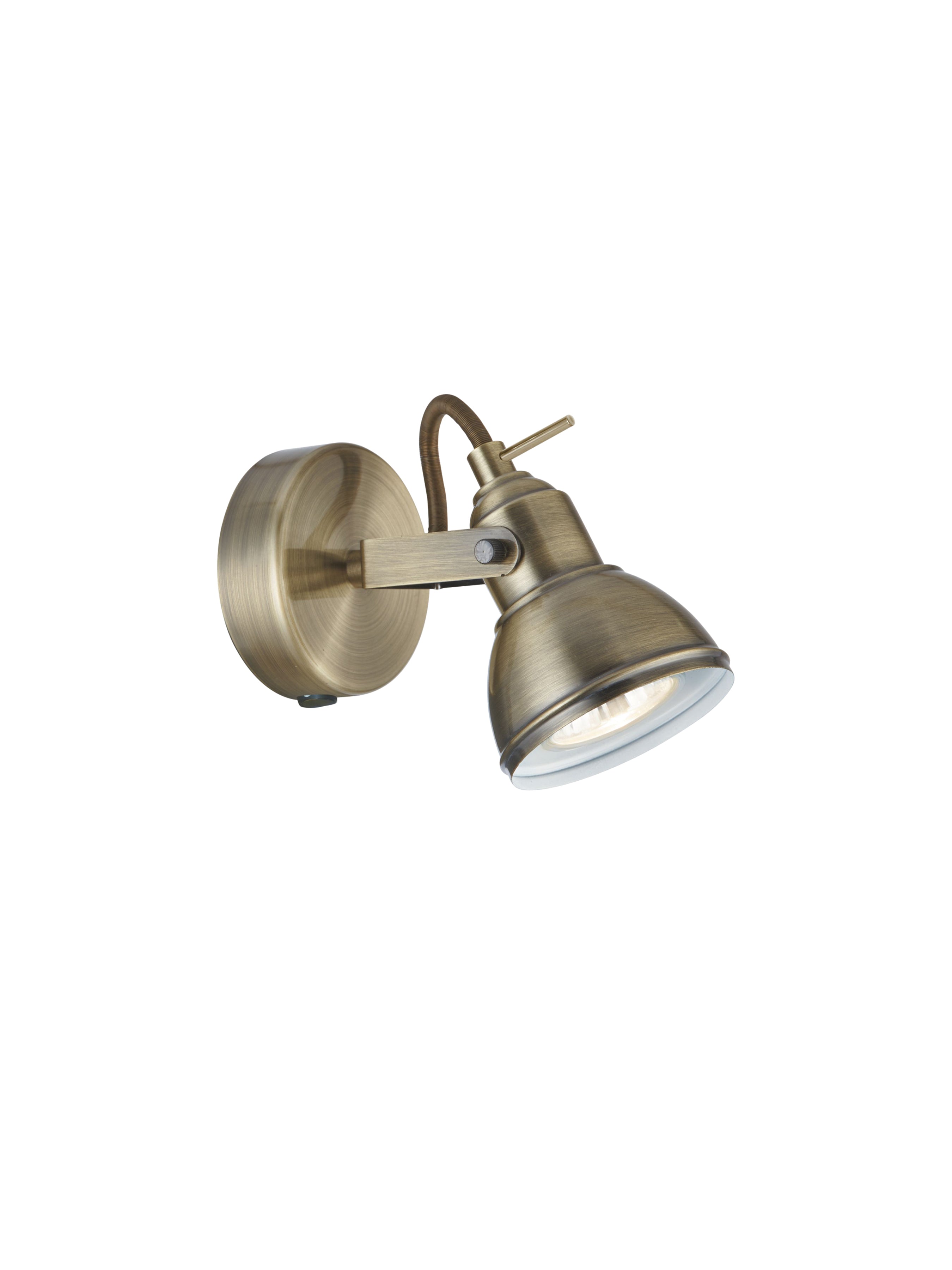 A vintage brass wall spotlight, angled downwards with a visible bulb.