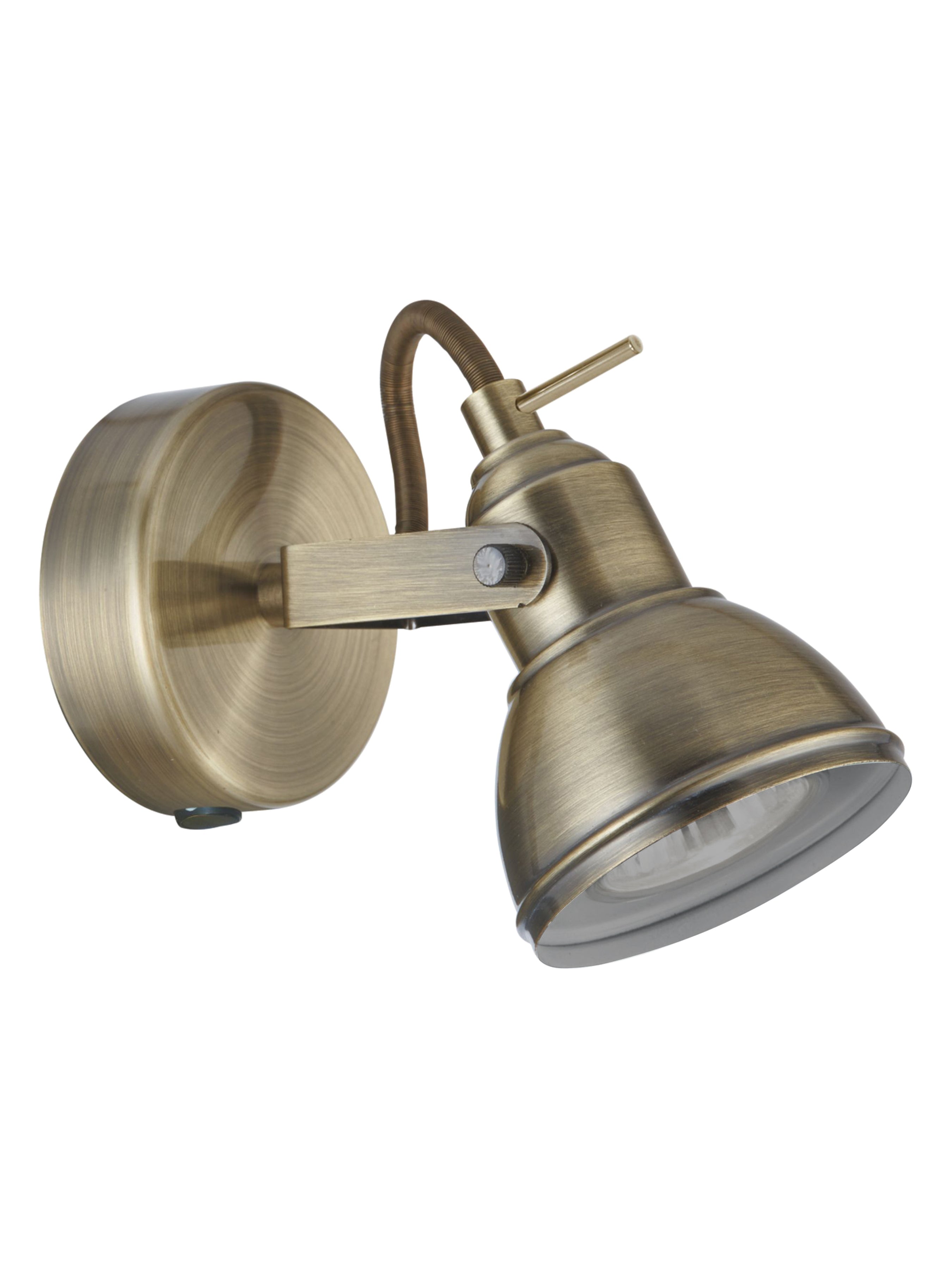 A close-up of a vintage brass wall spotlight, highlighting its textured finish.