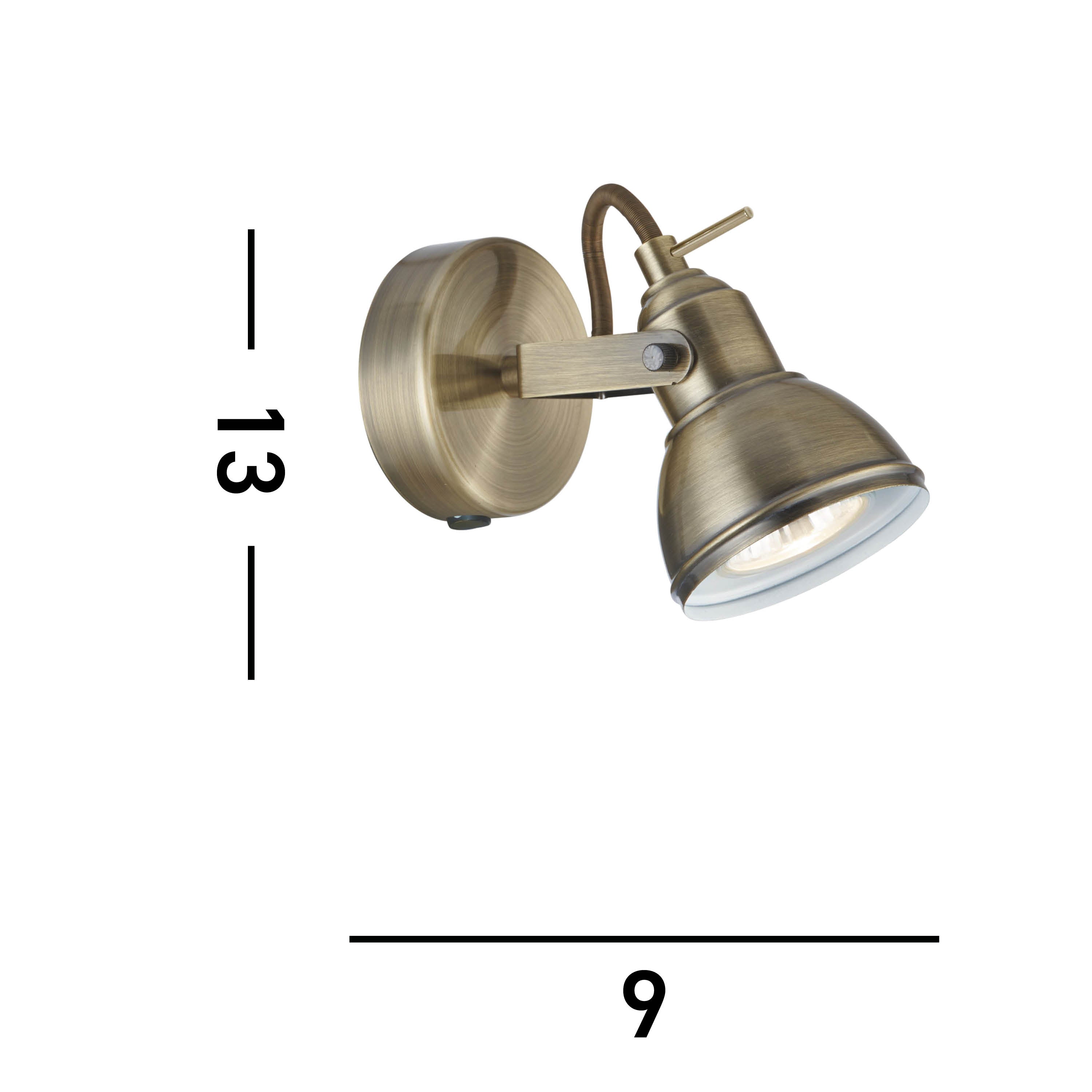 A vintage brass wall spotlight with dimensions of 13 units high and 9 units wide.
